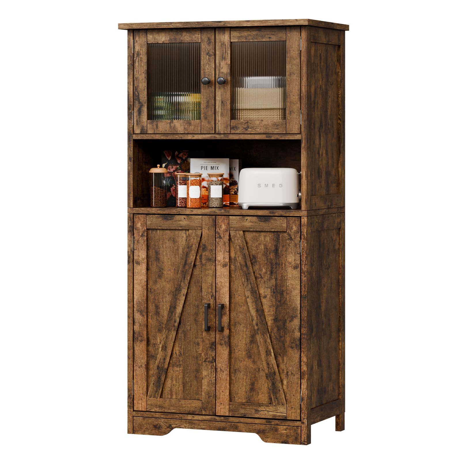 Zstar 50.4" Gabinete De Almacenamiento Grande De MDF con 4 Puertas y 1 Compartimento Abierto, 2 Puertas De Vidrio, Estantes Ajustables para Cocina, Dormitorio, Sala o Pasillos, Marrón.