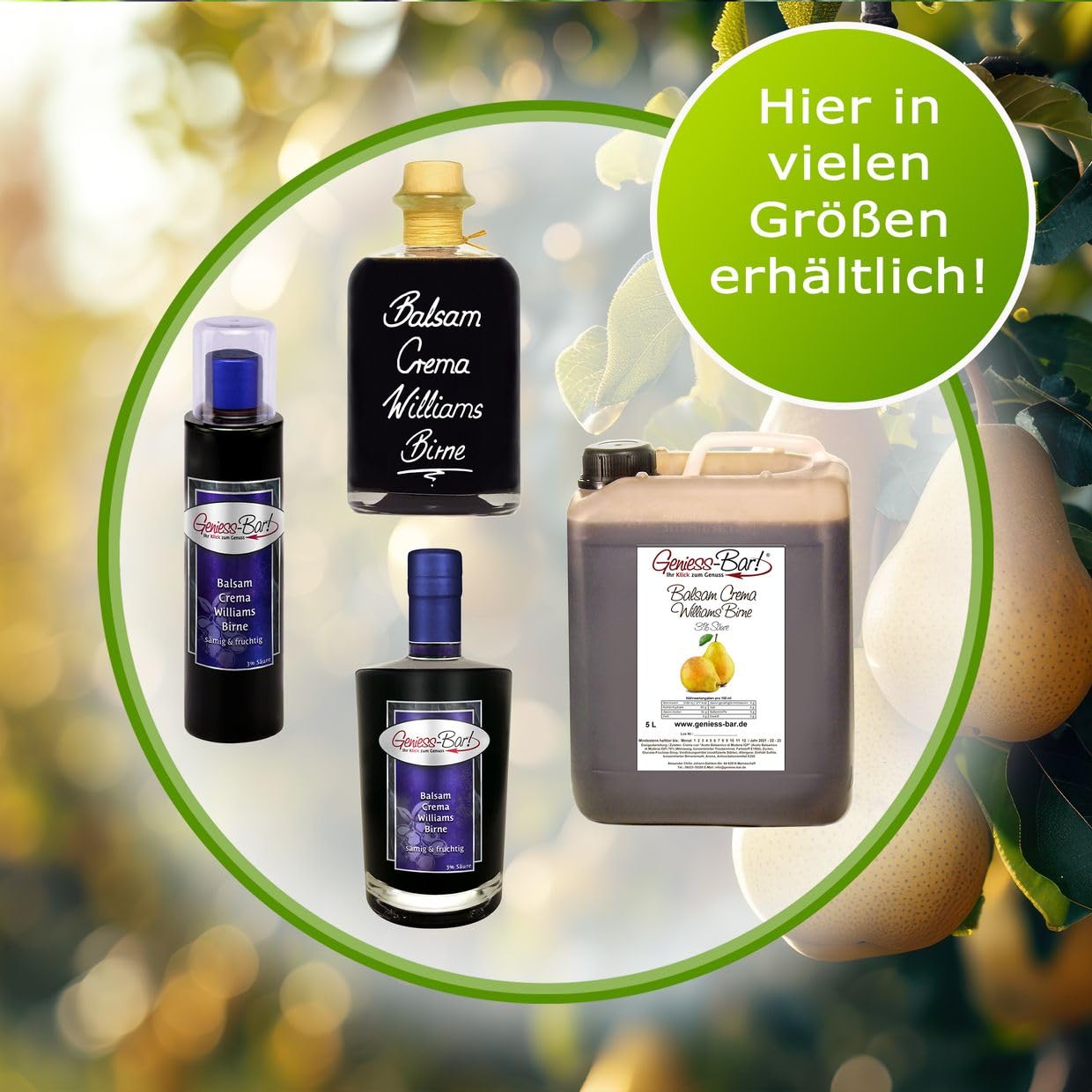 Geniess-Bar! Balsamico Creme Birne (5 Liter + 10 Flaschen) - Premium Crema di Aceto Balsamico di Modena IGP mit 3% Säure