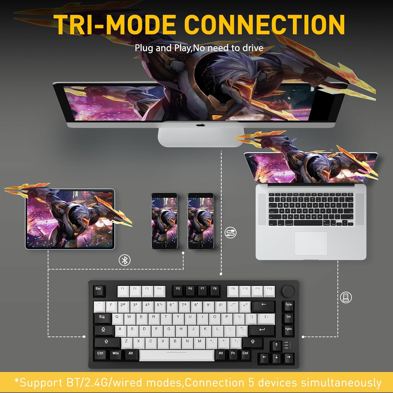 DAREU EK75PRO keyboard connected to multiple devices via tri-mode connectivity