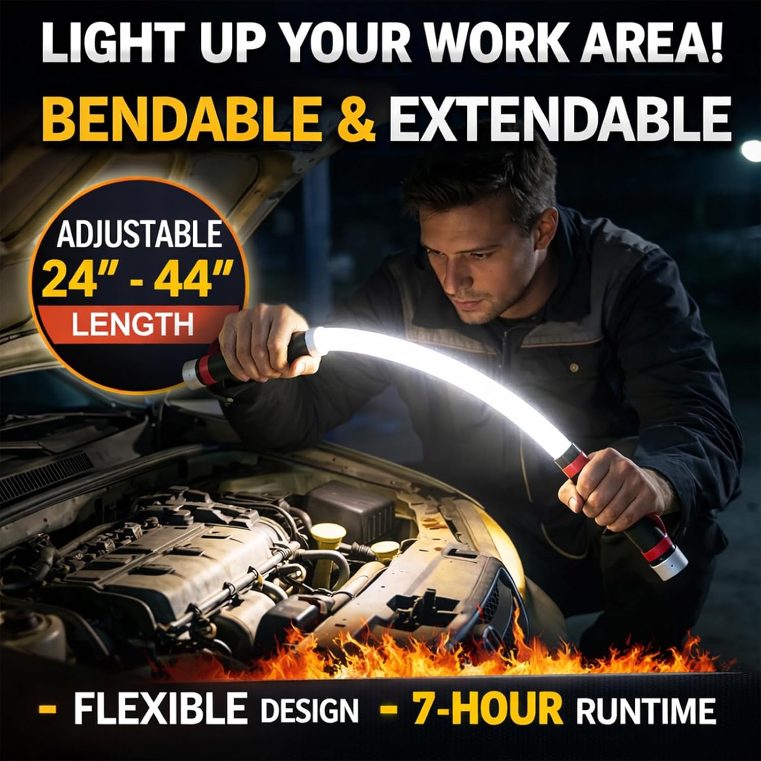 29.9" Bendable Mechanic LED Light, Flexible LED Flashlight Stick, 3 Brightness Modes Rechargeable Flexible Light for Mechanics,Car Repairs, Inspections & Tight Spaces (White)