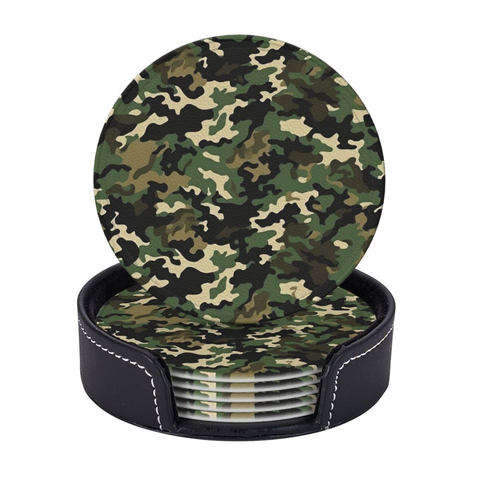 Drink Coasters 6Pcs Round Leather Coaster with Holder Camo Coasters for Drinks Coffee Cup Mat Heat Resistant Coaster for Tabletop Protection Desk Accessories Office Home Decor