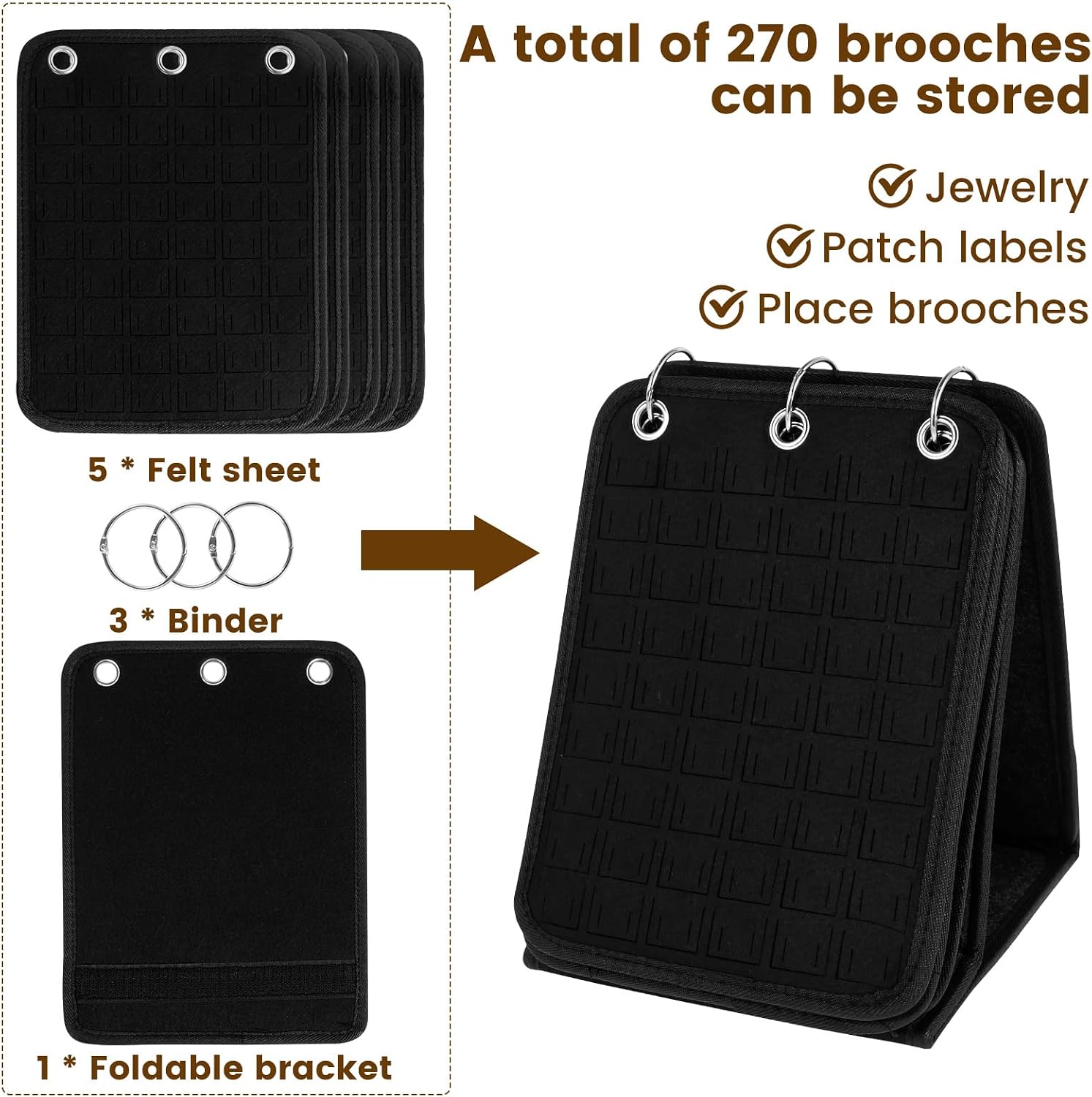 Enamel Pin Display Holder, Pins Collection Storage Organizer, Large Capacity Pin Storage Stand for Store 270+ Pins, Foldable Felt Brooch Display Binder with 3 Binders and 5 Pages