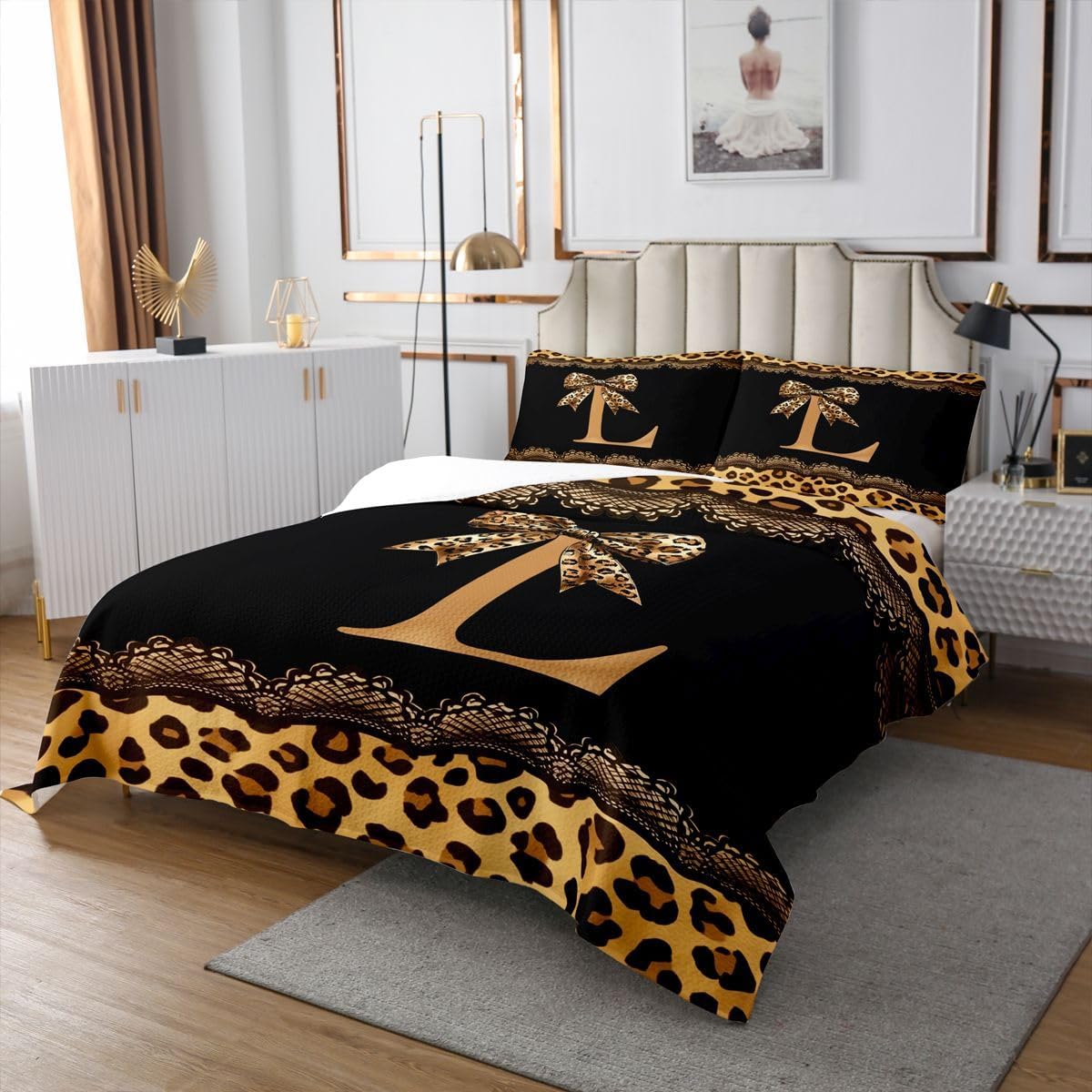 Feelyou Bowknot Leopard Bedspread 3 Pieces King Size Cheetah Coquette Bow Coverlet Set Soft Cozy Personalized Initial L Lightweight Quilted Coverlet for All Season with 2 Pillowcases