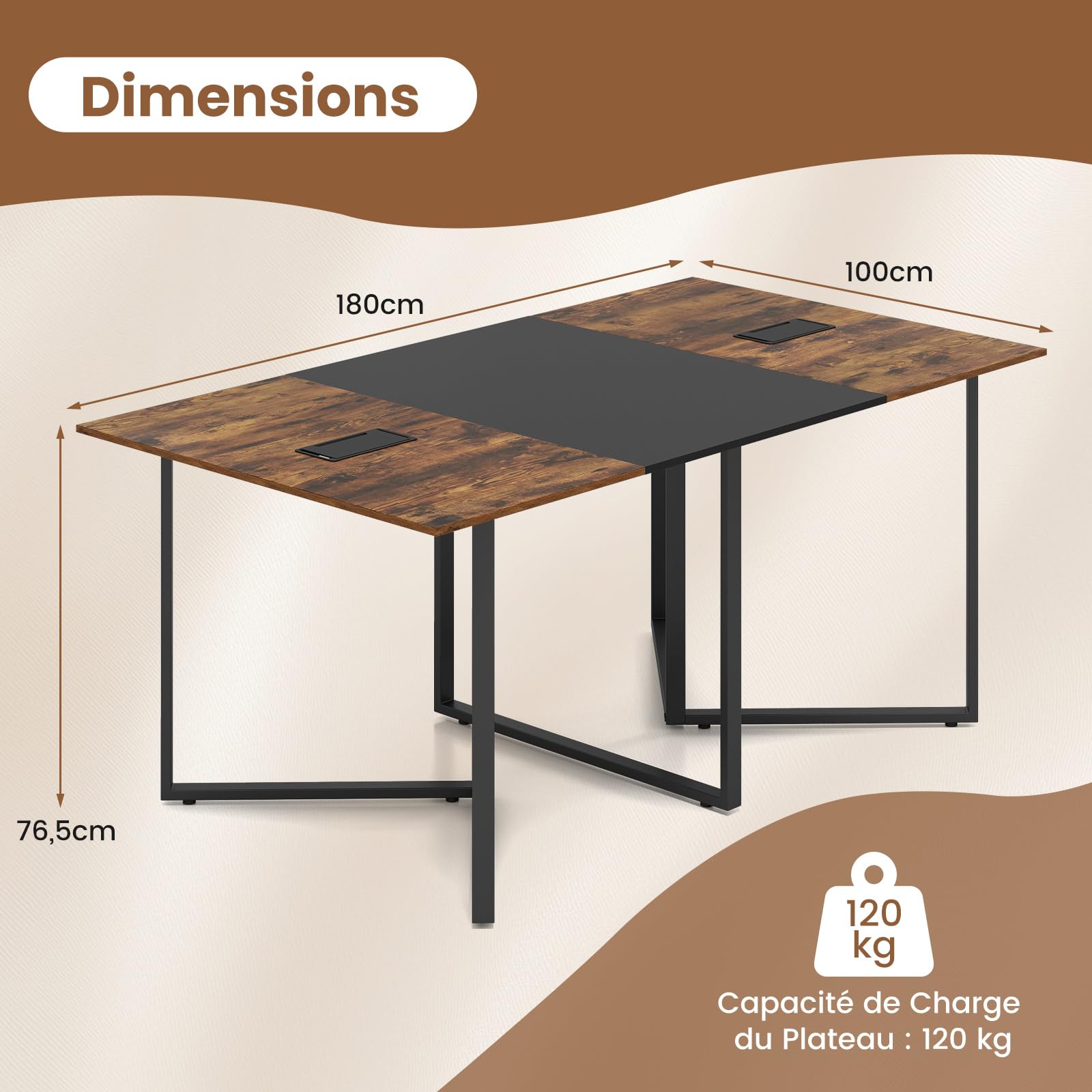 COSTWAY Table de Conférence, Grande Table de Réunion Rectangulaire pour 8 Personnes, 2 Passe-Câbles, Style Industriel, pour Salle de Réunion, Bureau, 180 x 100 x 76,5 cm, Marron Rustique
