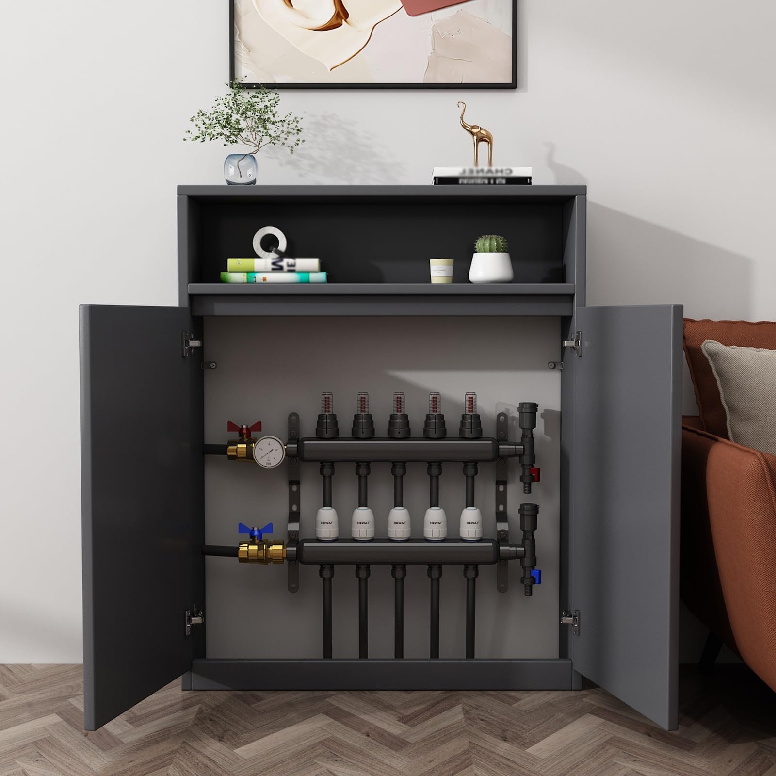 Cubierta de radiador de madera con 2 puertas y estante de gran capacidad para salón