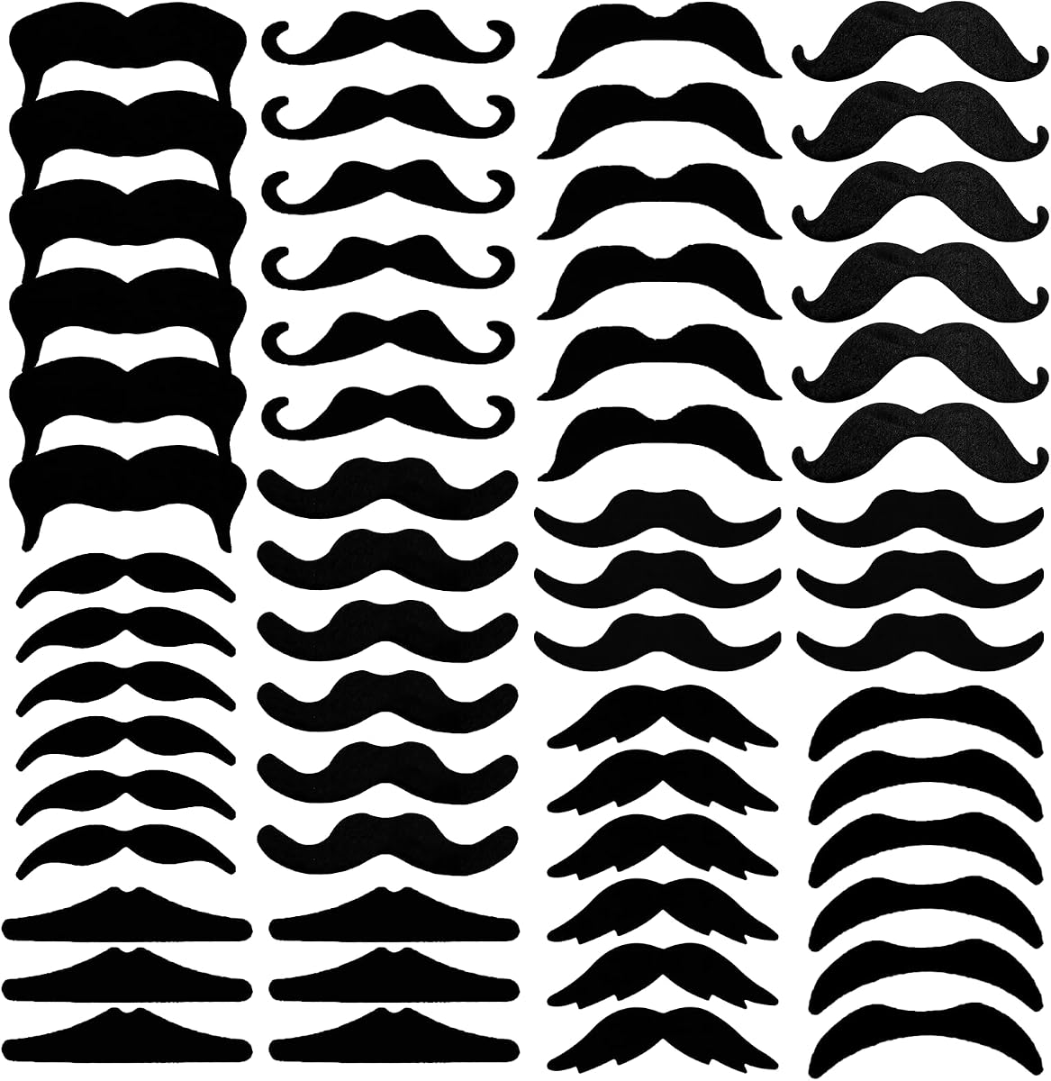 KICNIC 60 Pcs Black Fake Mustaches Self Adhesive (10 Designs) Novelty Hairy Beard Costume Facial Hair for Party Supplies Decorations, Suitable for All Ages