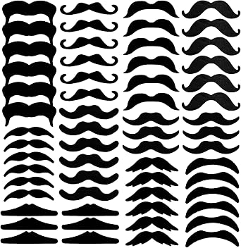 KICNIC 60 Pcs Black Fake Mustaches Self Adhesive 10 Designs Novelty Hairy Beard Costume Facial Hair for Party Supplies Decorations, Suitable for All Ages