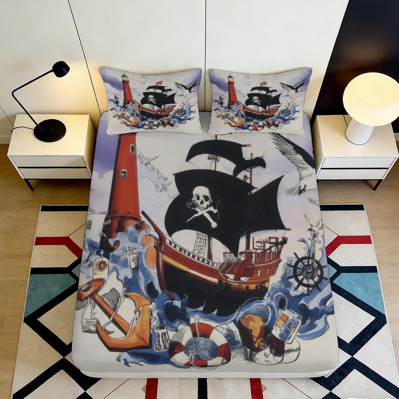 Pnayamiorkfel Style-6 3D Printed Pirate Ship Lighthouse Fitted Sheet Microfiber Soft Bed Cover Ocean Nautical Decor Bedroom Guest Room 90X200x25cm