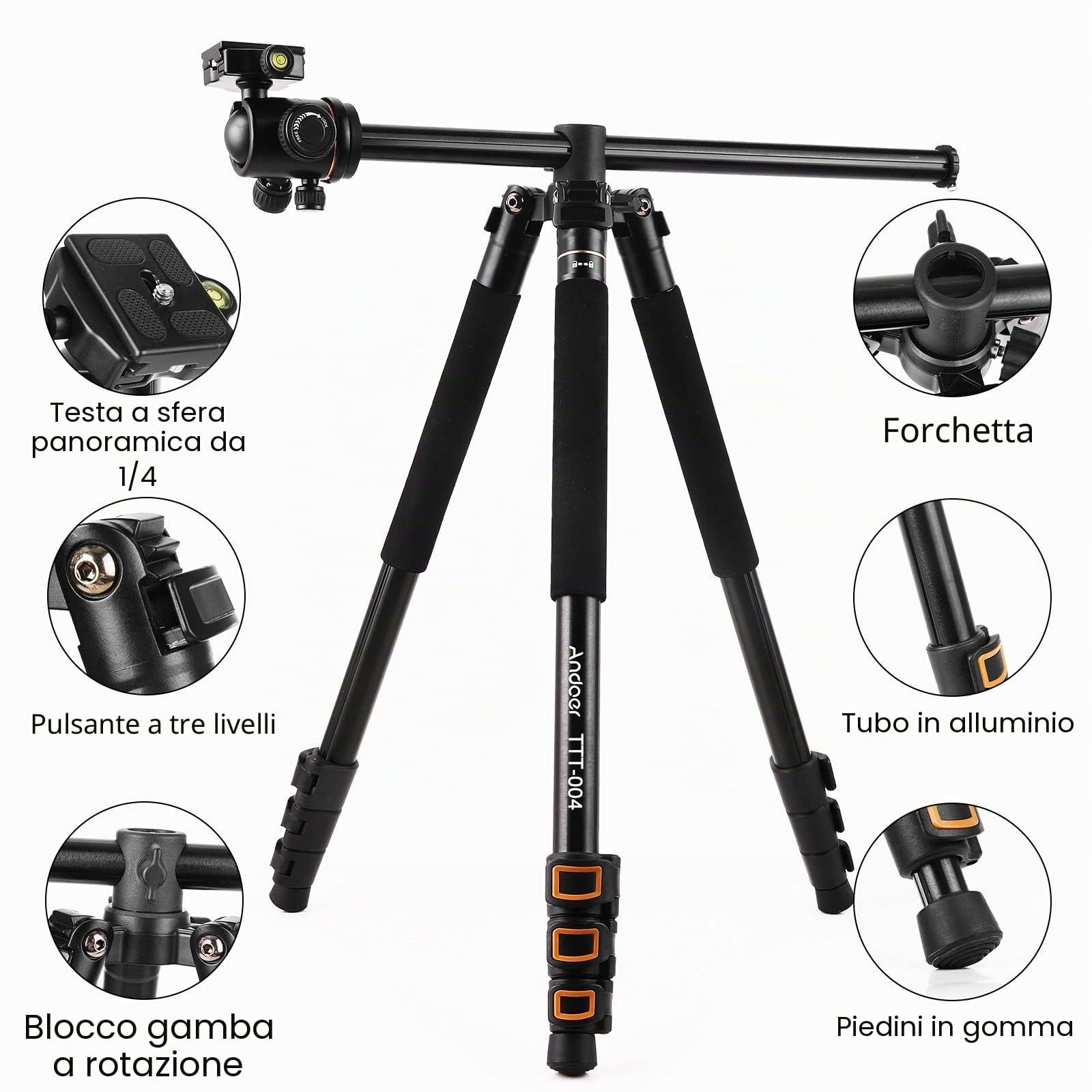 Treppiedi Fotocamera 200cm, Andoer Treppiede Fotocamera Monopiede Fotografico Leggero da Viaggio Colonna Girevole 360° e Testa a Sfera per Riprese Macro e Panoramiche Compatibile Camera