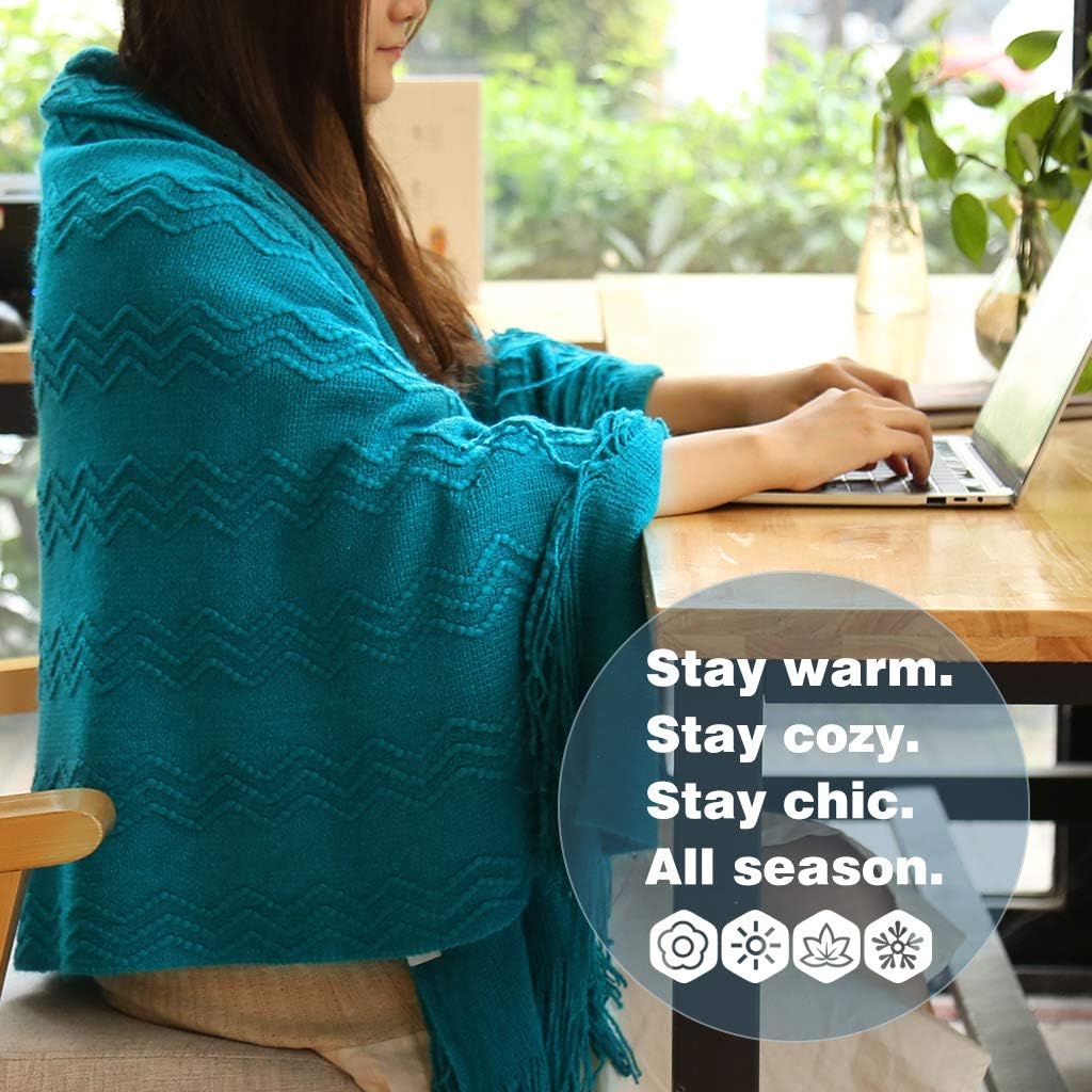 LANGRIA Soft Comfortable Knitted Throw Blanket with Tassels Attractive Wavy Pattern Warm and Lightweight for Sofa Coach Bed at Home and Outdoor Machine Washable Eco-Friendly (50x60-Inch, Teal)