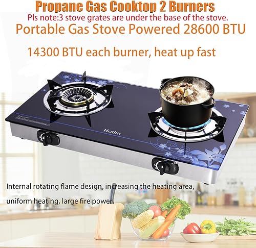 Miniatura 3 de Hothit Estufa de gas de 2 quemadores de propano al aire libre, 28600 BTU, encendido automático portátil GLP vidrio templado para camping, barbacoa
