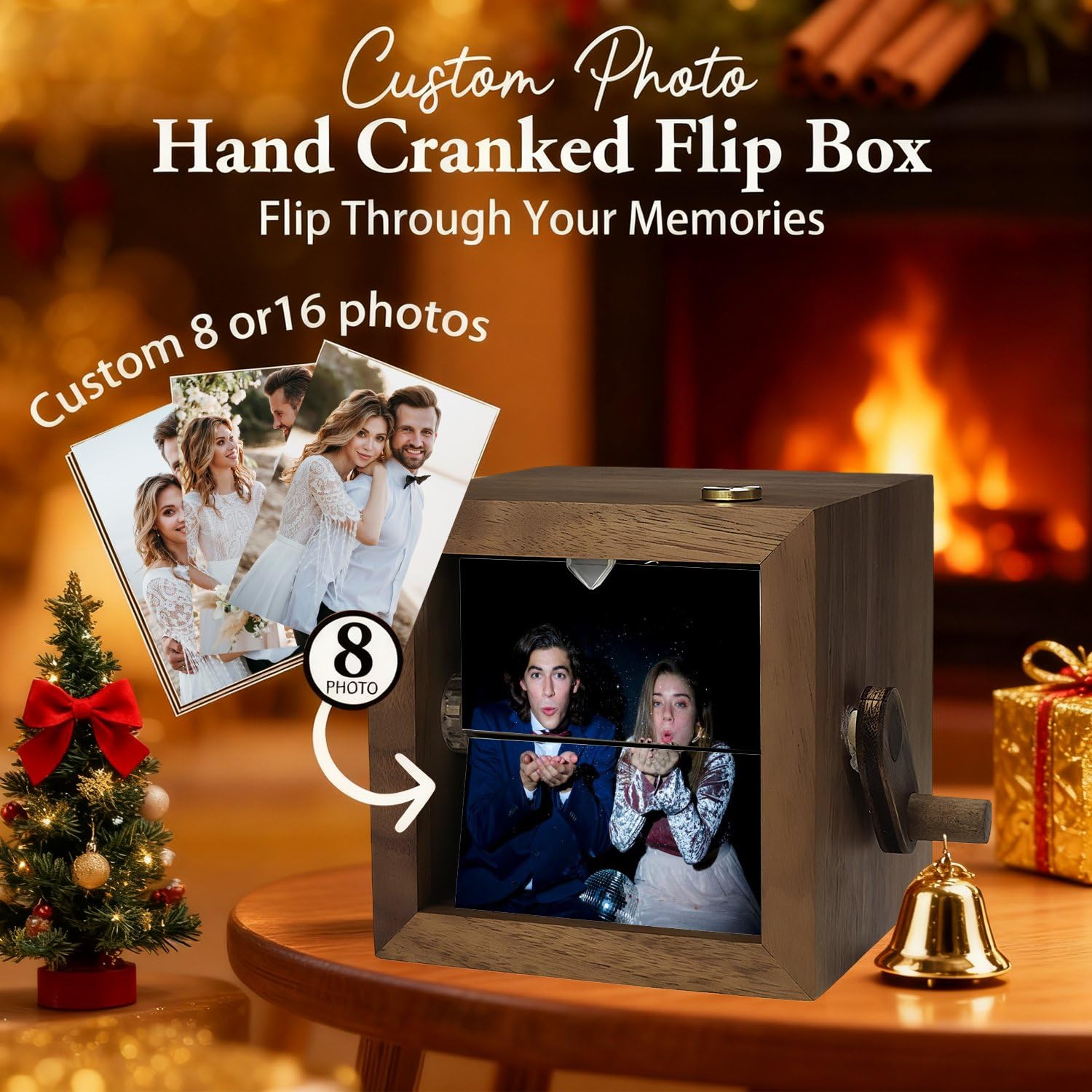 Caja de animación mecánica iluminada personalizada, caja de animación de manivela de fotos personalizada, caja de recuerdo personalizada para parejas románticas (16 fotos, con LED)