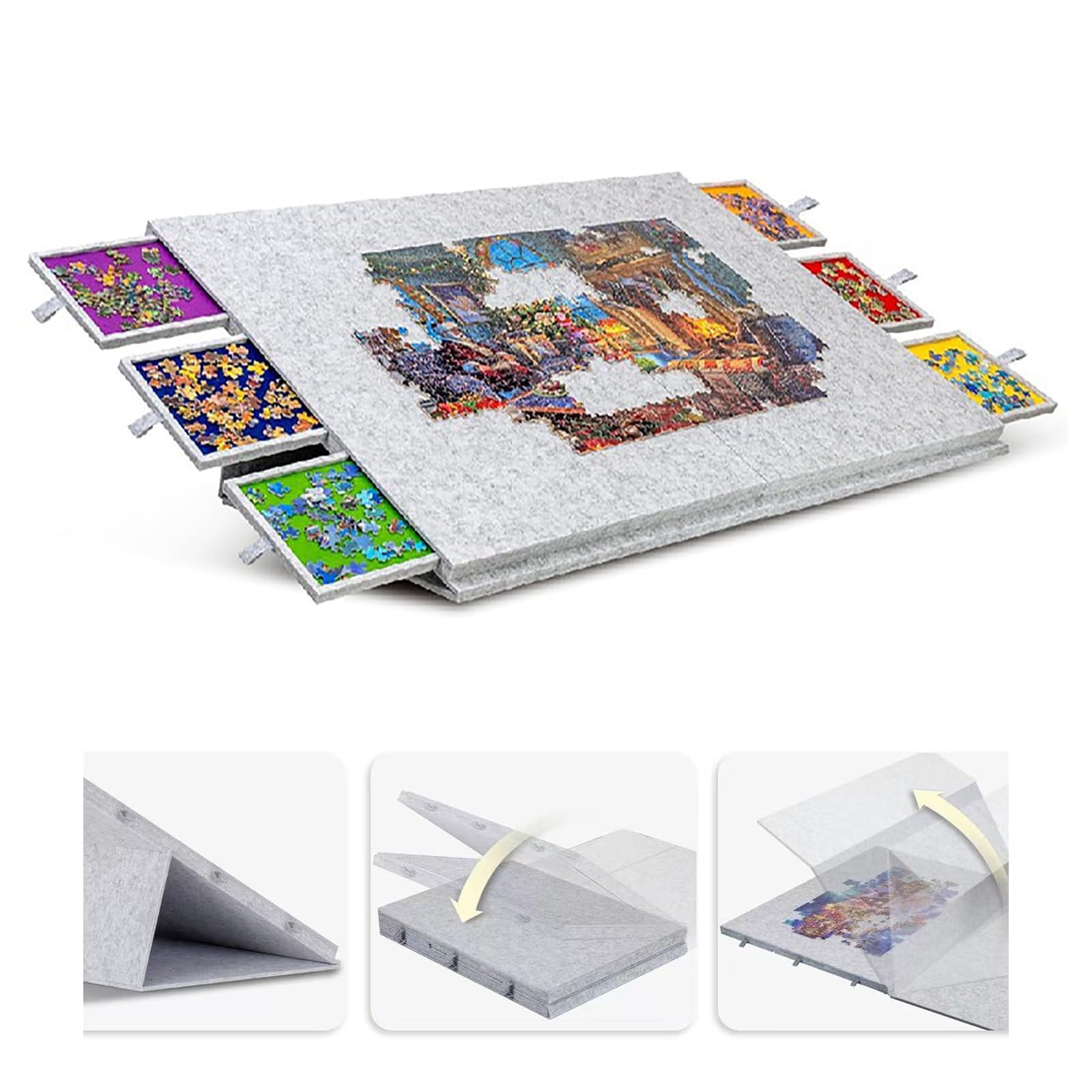 Tablica Puzzli Na Maksymalnie 2000 Elementów — Przenośny Stół Do Układania Puzzli Z 6 Szufladami Do Przechowywania, Regulowaną Powierzchnią Filcową I Antypoślizgowym Blatem Silver-gray