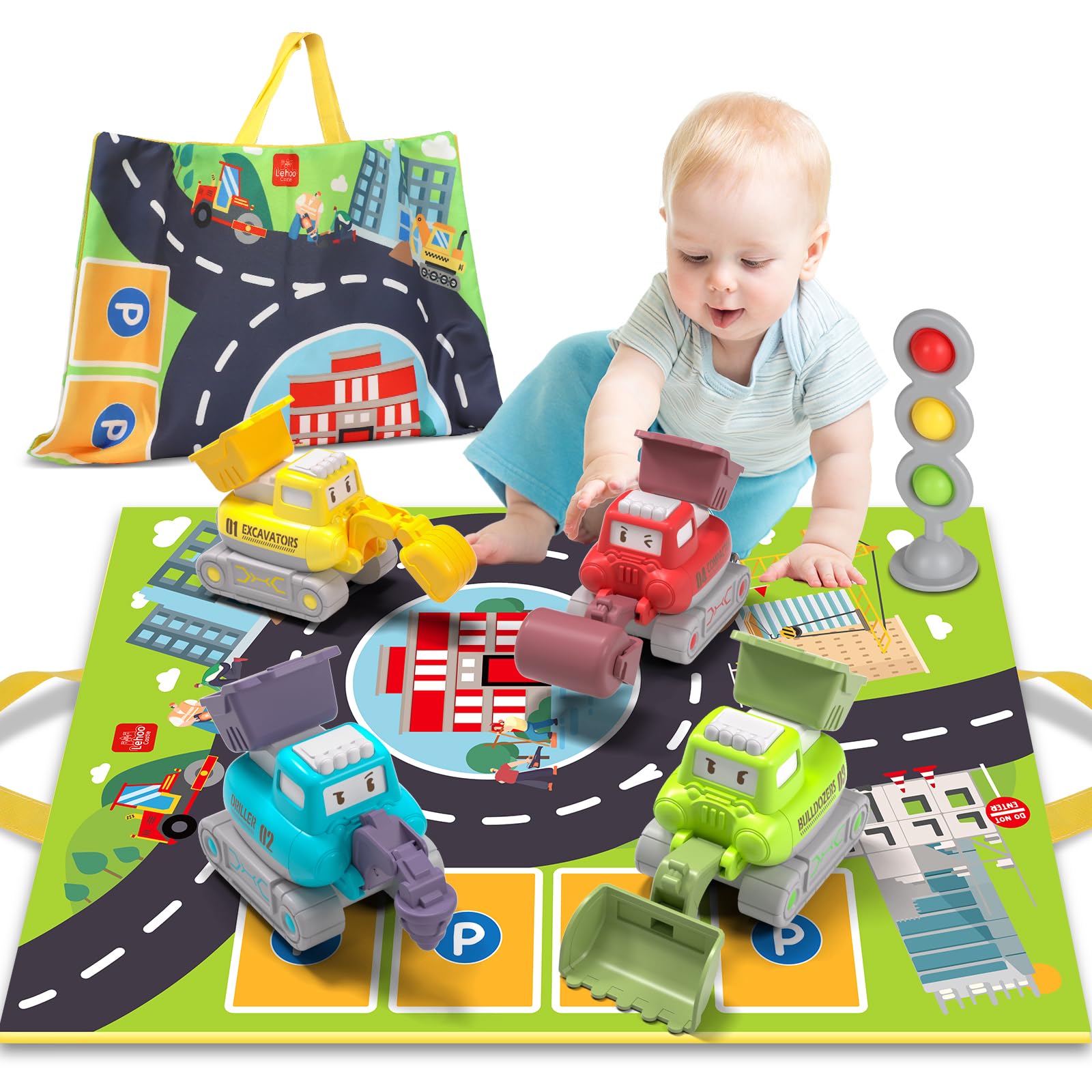 Lehoo Castle Coches para Niños 2 años con Bolsa, Juguetes niños 1 Año, Excavadora Juguete, Regalo de Camion para 1 2 3 Años Ninos Ninas (Vehículo de construcción)