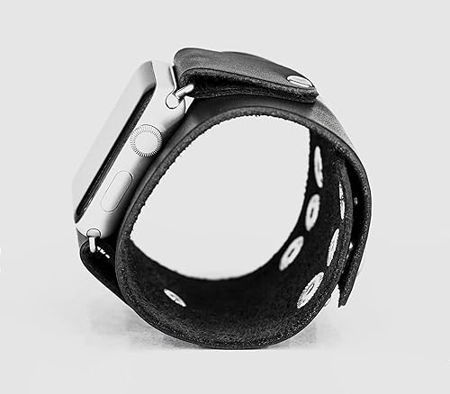 Miniatura 9 de wide Leather cuff band compatible with Apple watch 38mm 40mm 41mm 42mm 44mm 45mm 49mm, Handmade UA 1363 (black + steel + 38mm + 5.5-6.1 in)