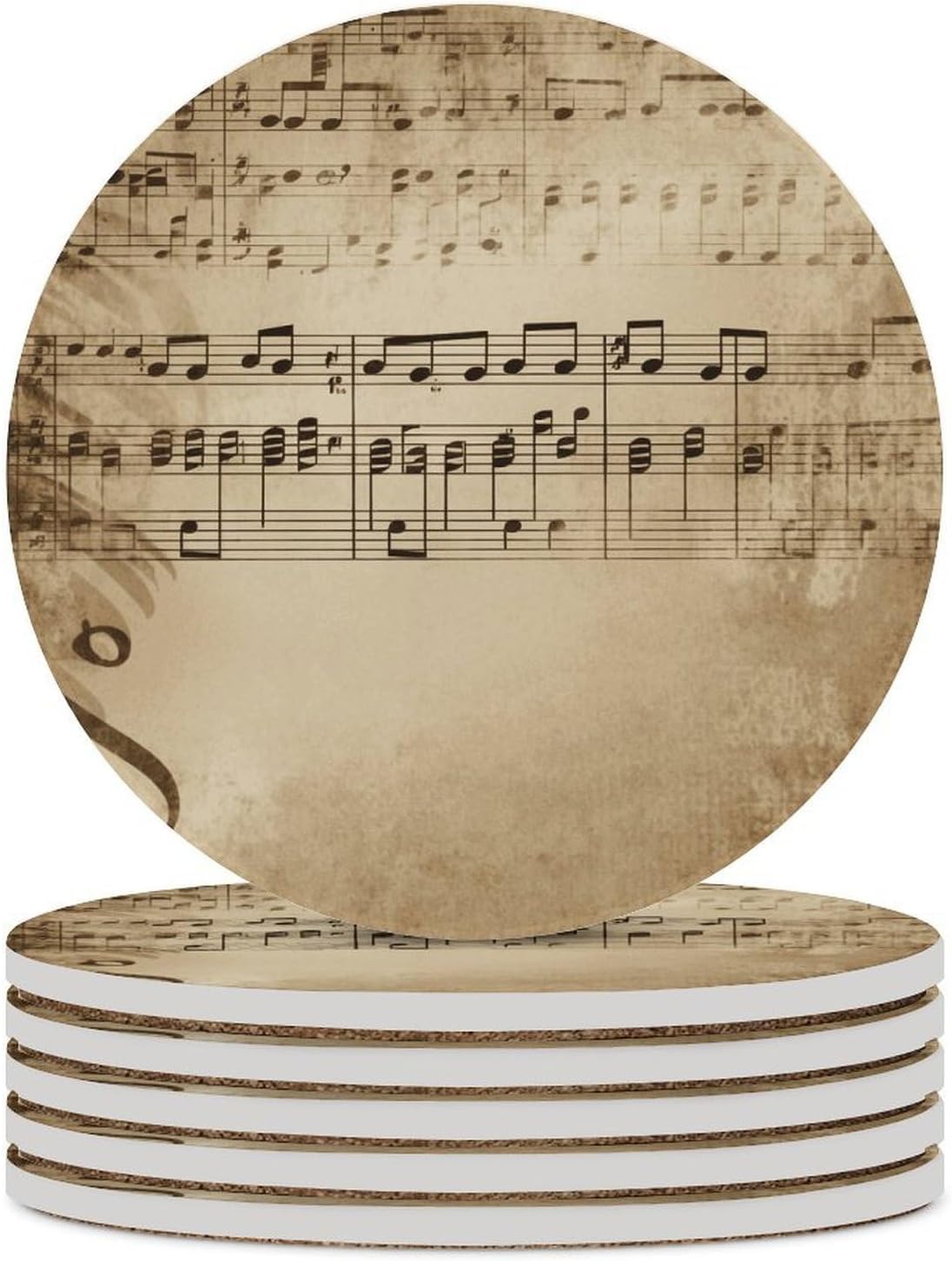 6PCS Music Notes on Old Paper Coasters Non-Slip Round Drink Coasters with Ceramic Stone and Cork Base, Heat Resistant Absorbent 33.00Stone Coaster Set for Kinds of Mugs and Cups, 4 Inch