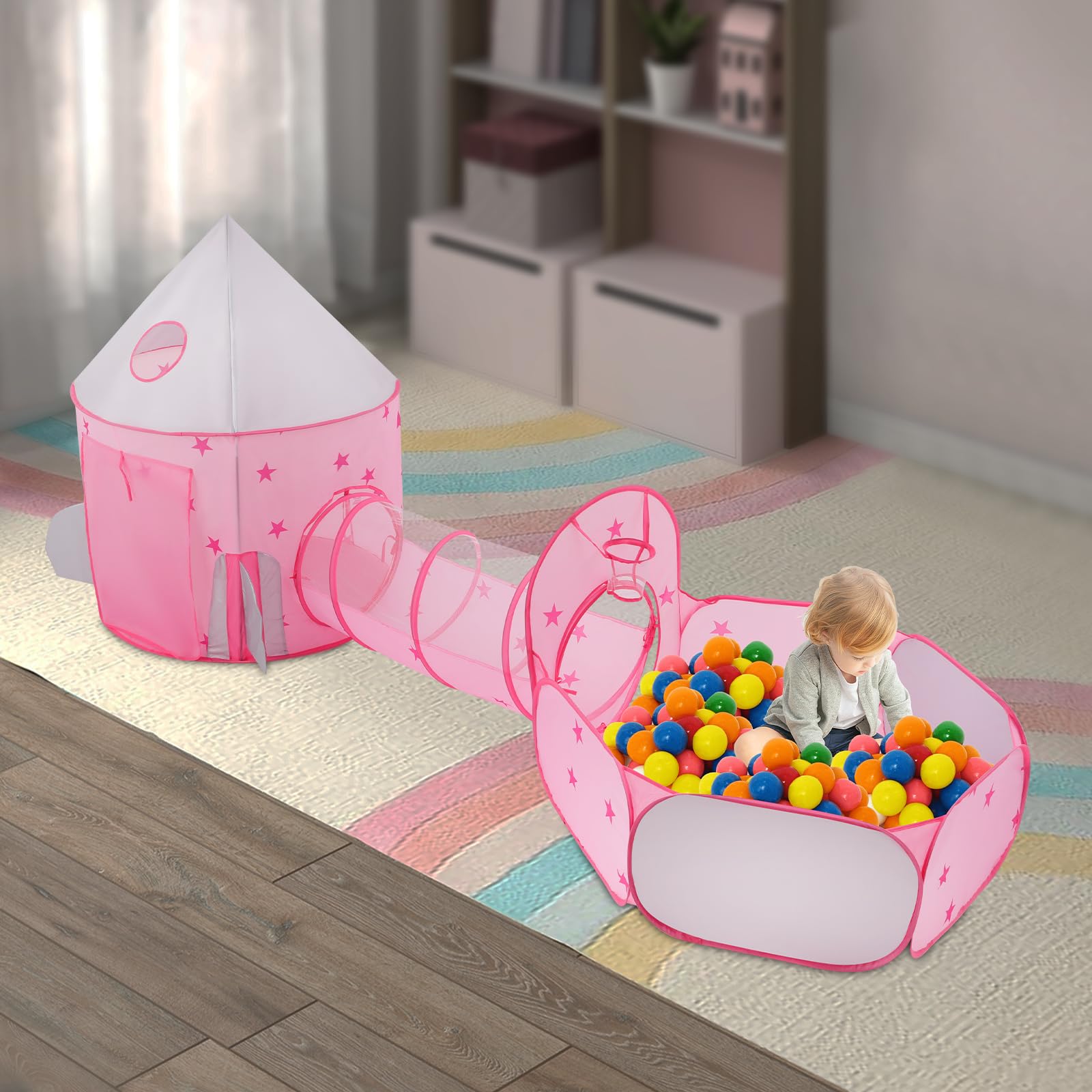 Tenda per Bambini 3 in 1 Tenda da Gioco + Tunnel per Bambini + Piscina a Palle Pieghevole Grande Area di Gioco da Giardino, per Camera da Letto, Sala Familiare, Sala Giochi, Soggiorno