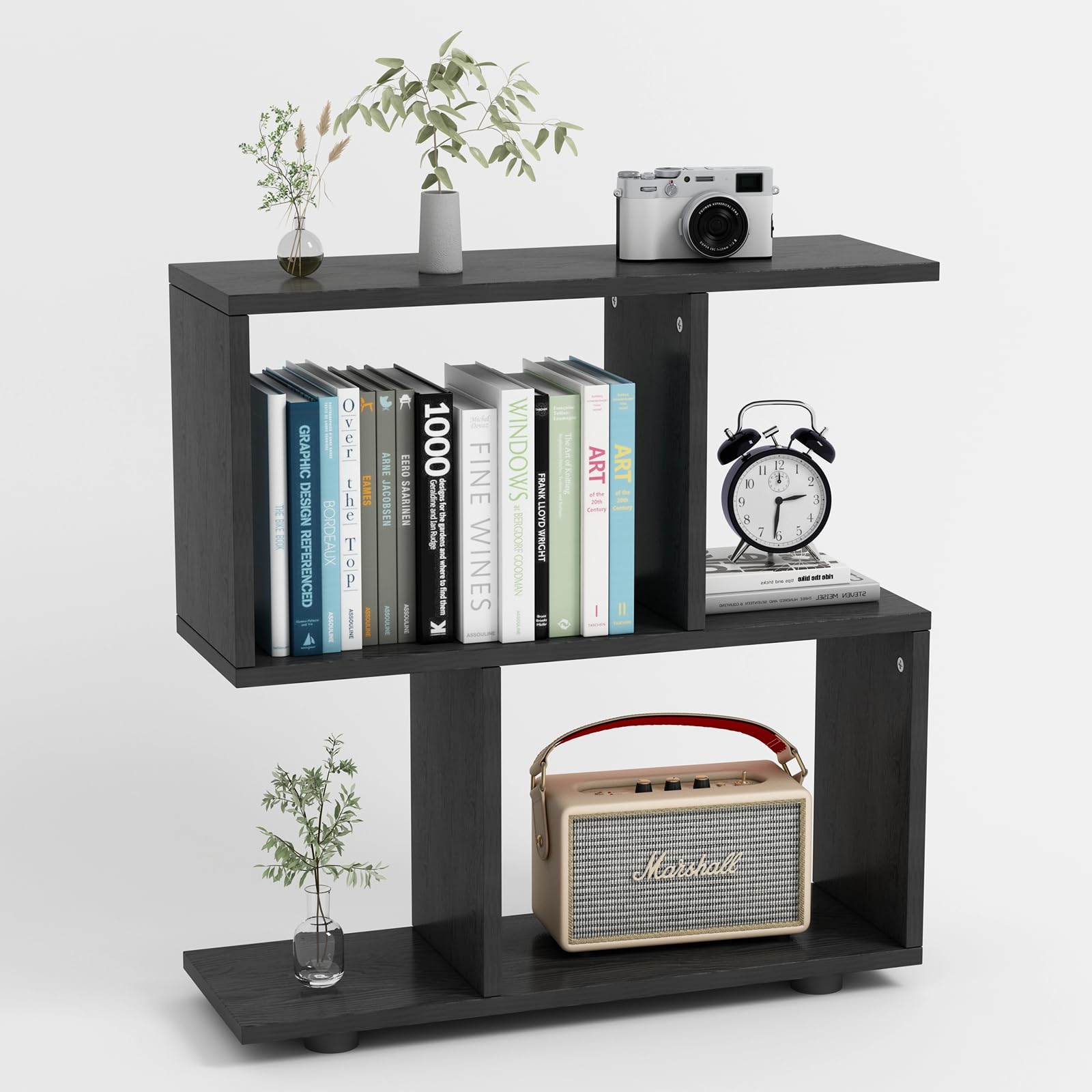 Geometric 2-Tier Open Shelf Bookcase - Versatile Wood Display & Storage Unit for Living Room, Office, Small Spaces - Contemporary Room Divider Bookshelf, Black