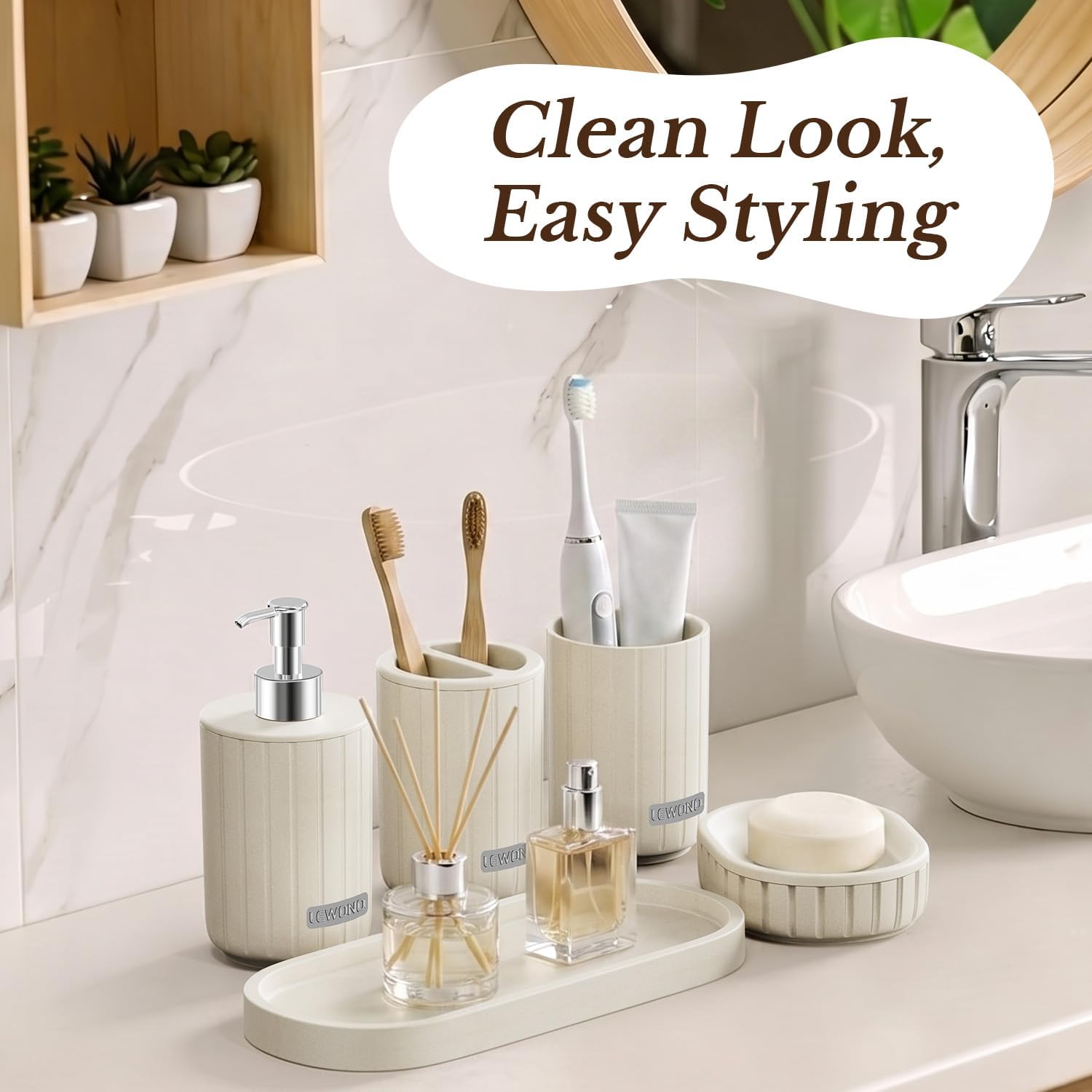 Bathroom Accessories Set 5 Piece, Cream Bathroom Set with Soap Dispenser, Soap Dish, Bathroom Vanity Tray, Toothbrush Holder and Toothbrush Cup, Modern Bathroom Accessory Set for Countertop