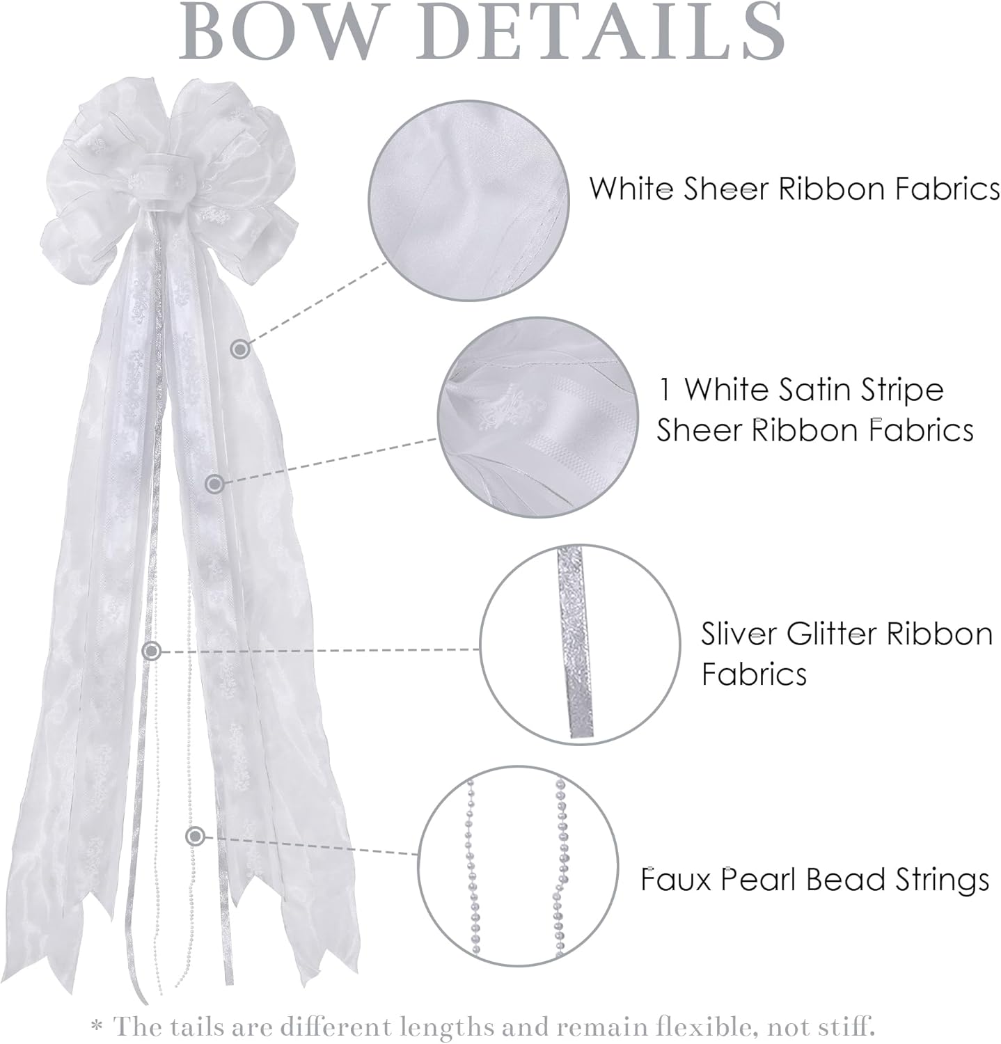 White Christmas Tree Topper Bow, 14 inch Large Christmas Bows with Faux Pearl Bead, Decorative Bows for Wedding Birthday Party Indoor Outdoor Christmas Decoration (1 Pack) - Image 5