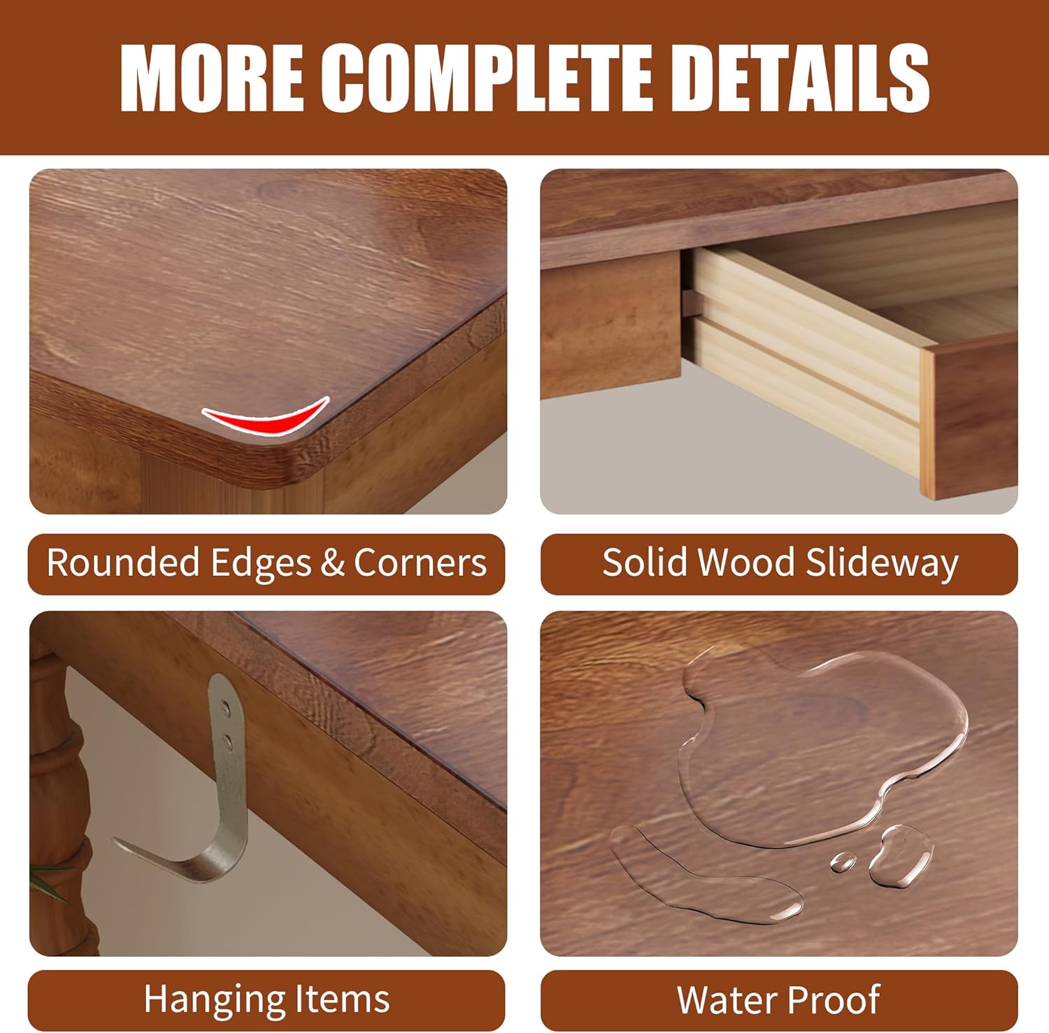 47 x 22 Inch Wooden Desk with Drawers -Simple Mid Century Modern Desk with 2 Hooks, Solid Rubber Wood Study Table for Living Room, Bedroom & Home Office, Walnut Color