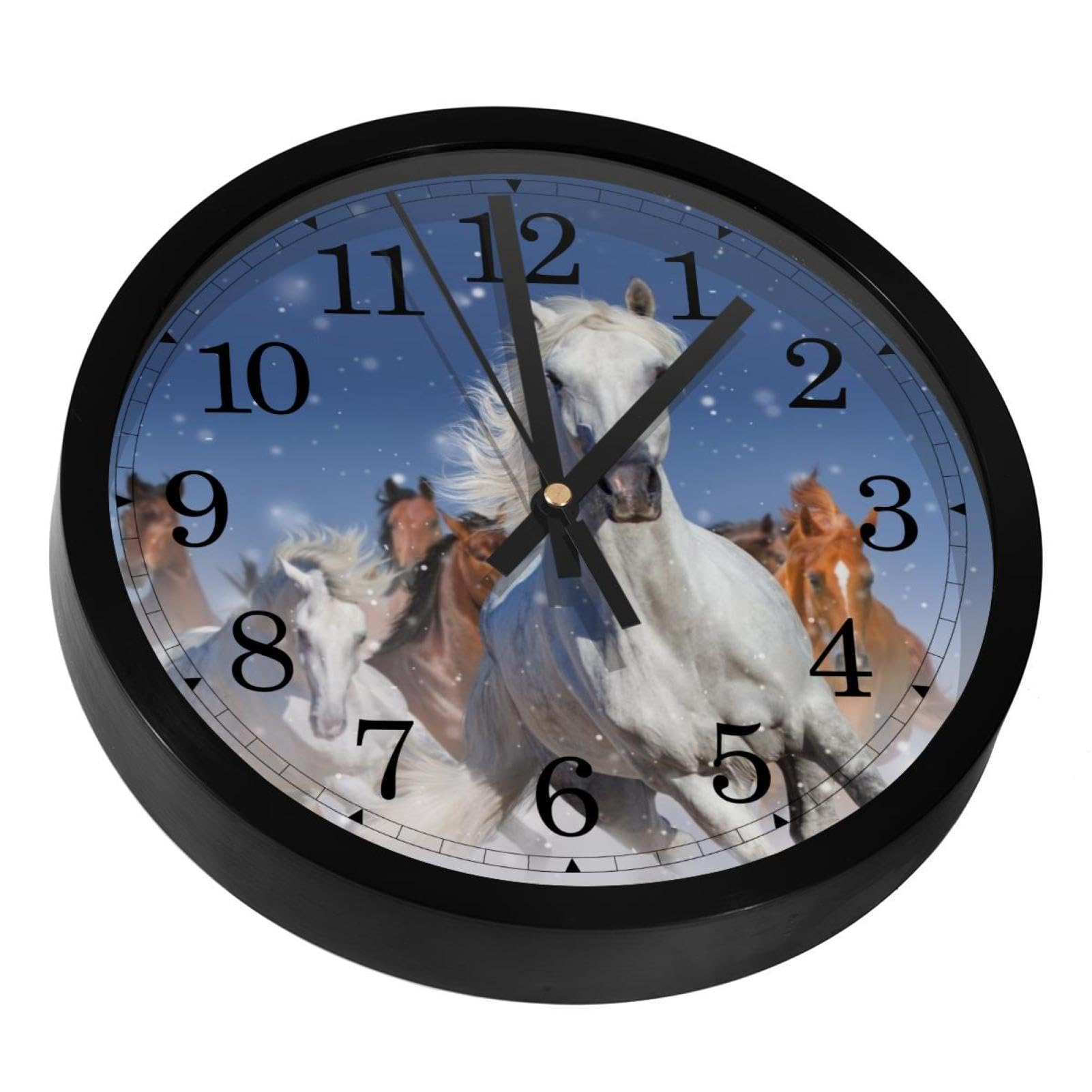 VAPOKF Running Horses in Snow Non-Ticking Wall Clocks, Battery Operated Silent Wall Clock for Bedroom Living Kitchen Office Home Art Decor