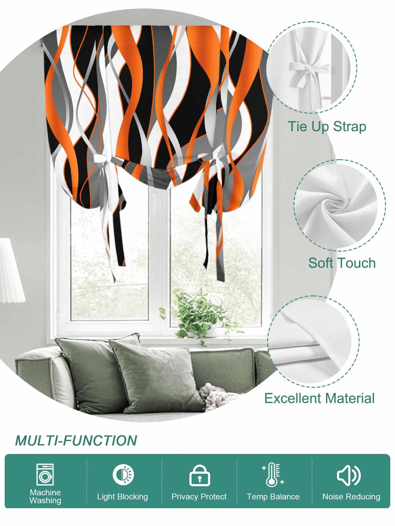 Tie Up Curtains for Windows Abstract Stripes Roman Shade 52 x 63 Inch Bathroom Curtain Window Retro Modern Orange Black Gray Lines Rod Pocket Short Balloon Curtains for Living Room Kitchen Blinds