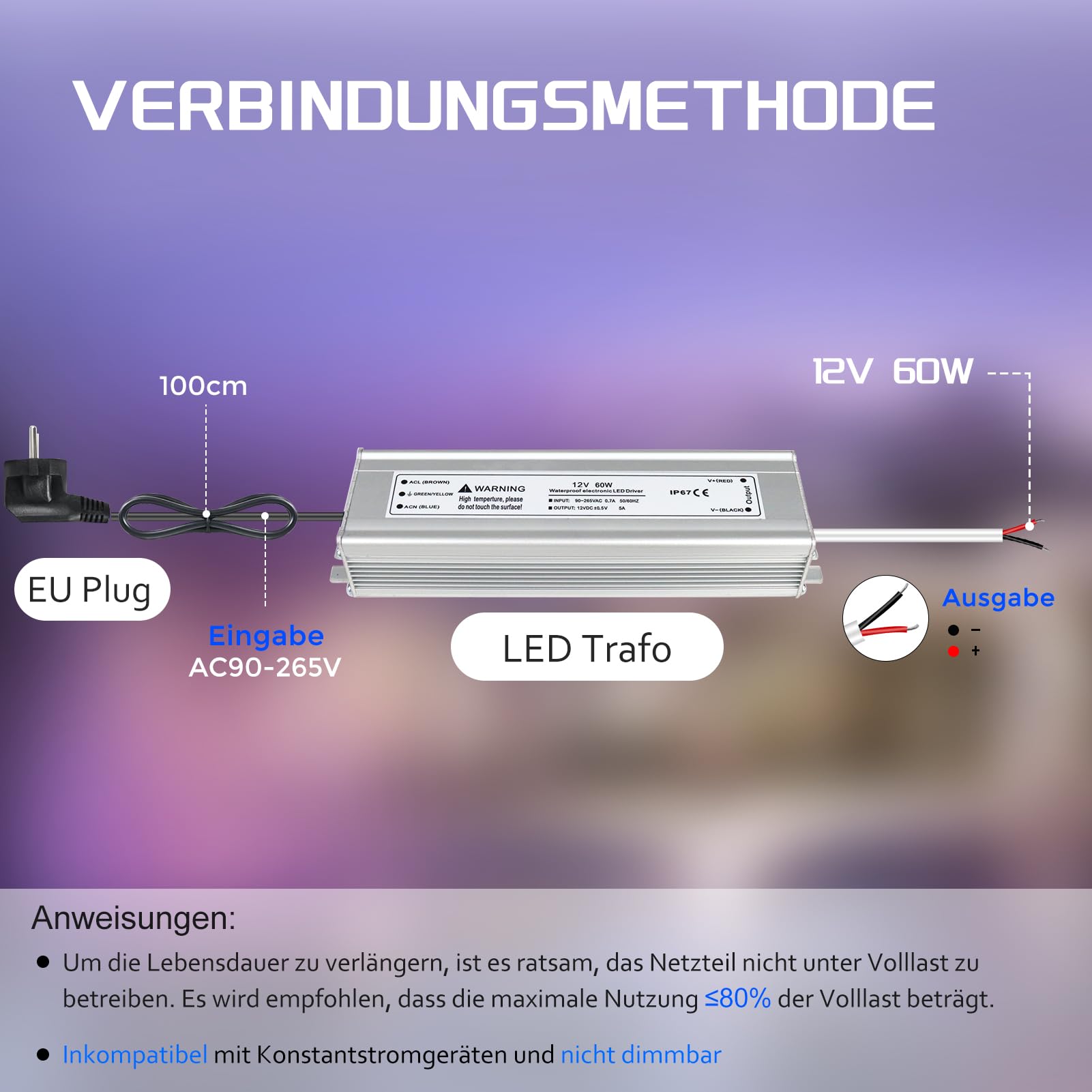 LightingWill Alimentation 12V 5A 60W IP67, Transformateur 220V 12V Étanche avec Prise, Convertisseur AD 220V vers DC 12 Volts, Transfo pour Bandes, Lampes et Projecteurs
