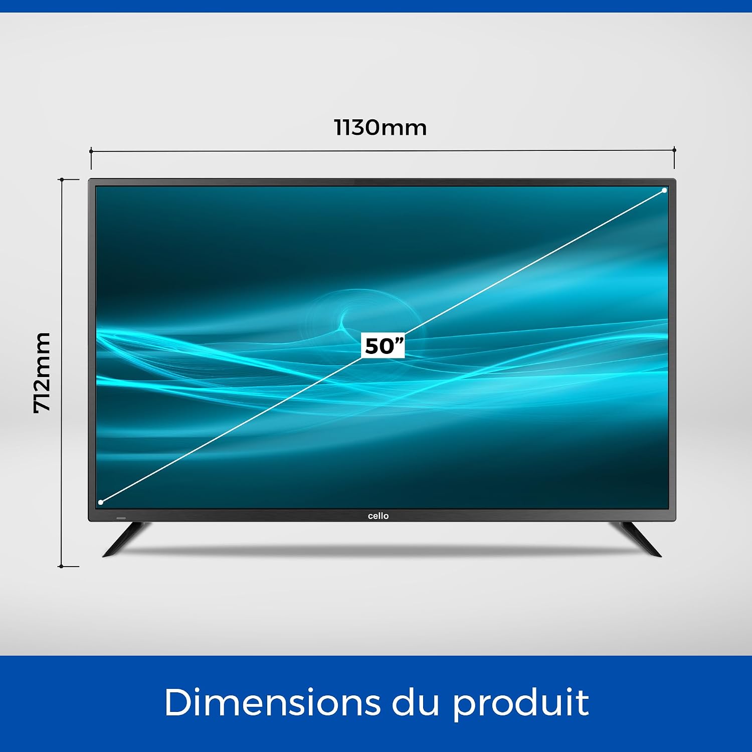 Diagram showing the dimensions of the Cello 50-inch TV, with a width of 1130mm and height of 712mm.