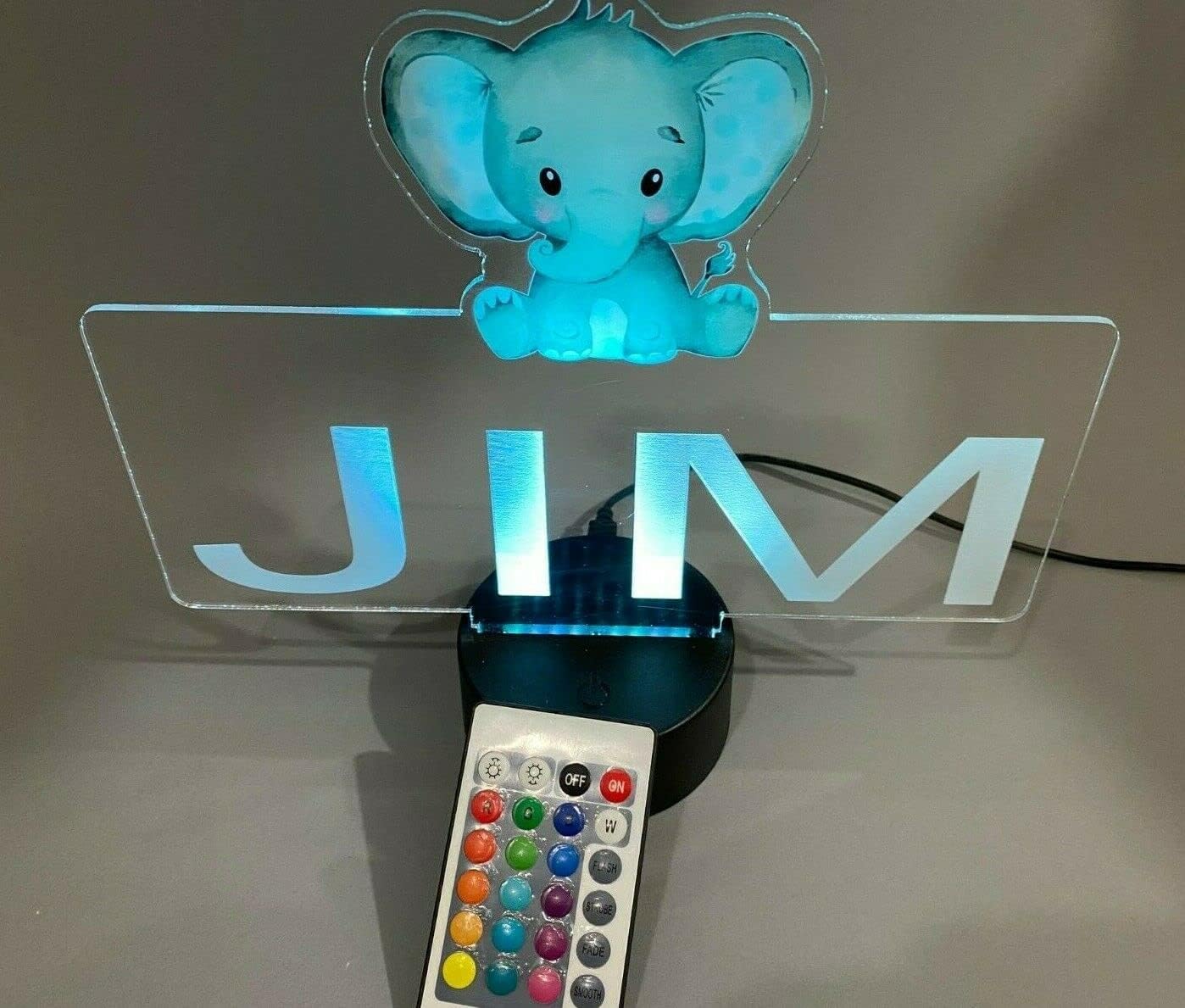 MIRROR MANIA UV Printed Happy Baby Elephant Trunk Up Night Light Up Lamp LED Personalized Free Engraved Home Room Decor Desk Table Lamp Gift with Remote, 16 Colors Changing, It's WOW
