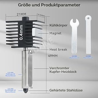 Upgraded print head for Bambu lab A1/A1 mini/A2L high temperature resistant 0.4 mm hardened steel nozzle extruder hot end kit including 2 replaceable hardened steel nozzles (0.2 mm and 0.4 mm)