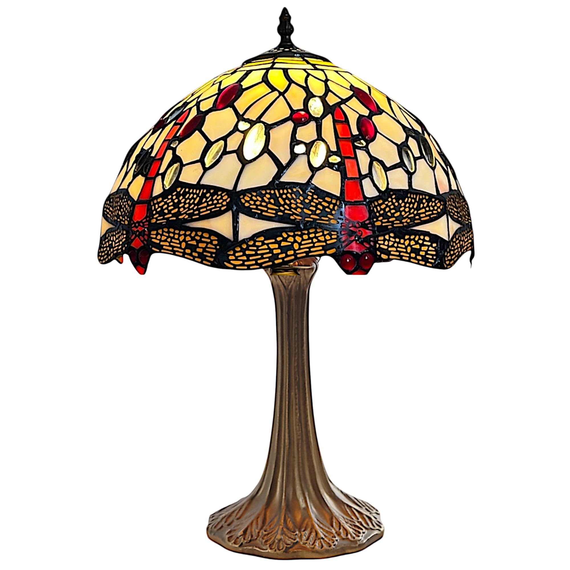 Loxton Lighting Red Cream Clear Tiffany Style Table Lamp, Dragonfly Design, 49 Cm Height, Cream And Red Stained Glass Shade, Antique Base