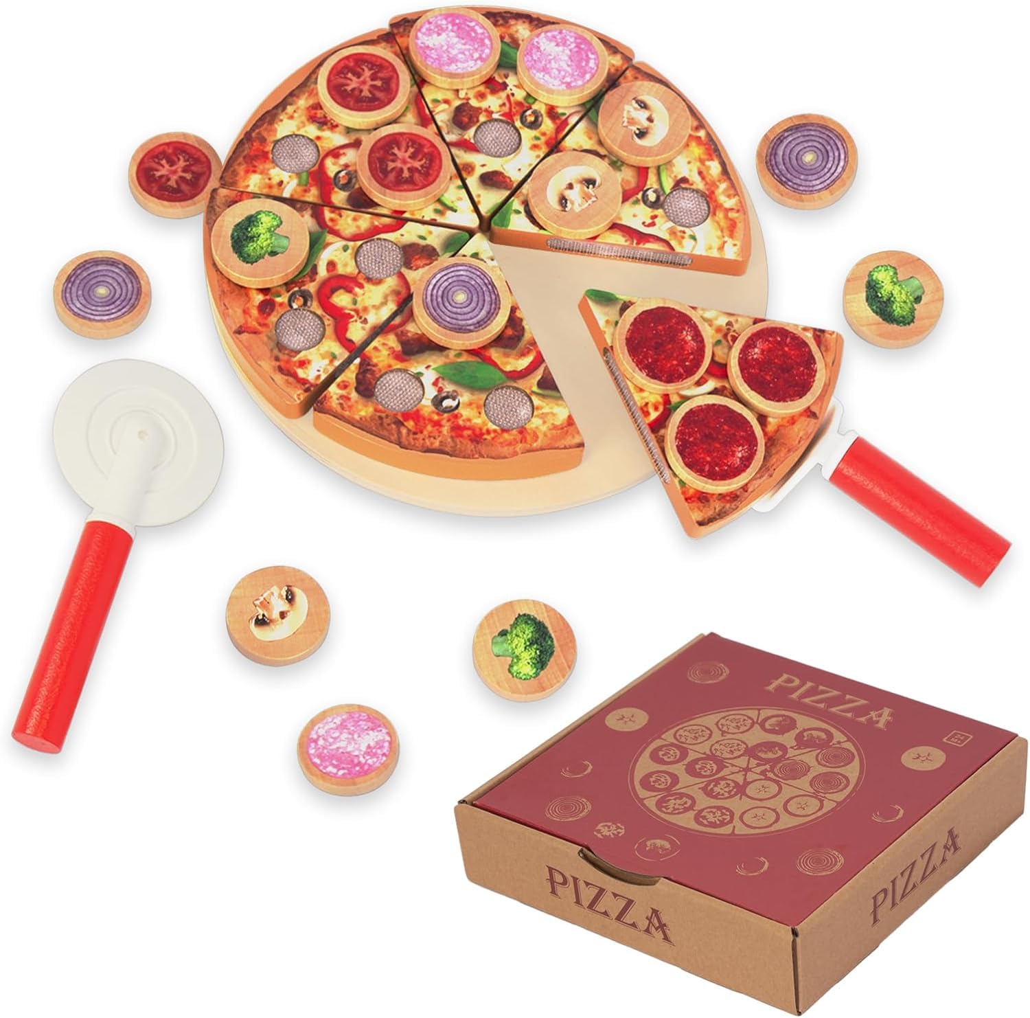 Woodenfuncutting Play Food Toy For Kids Kitchen Wooden Pizza Set