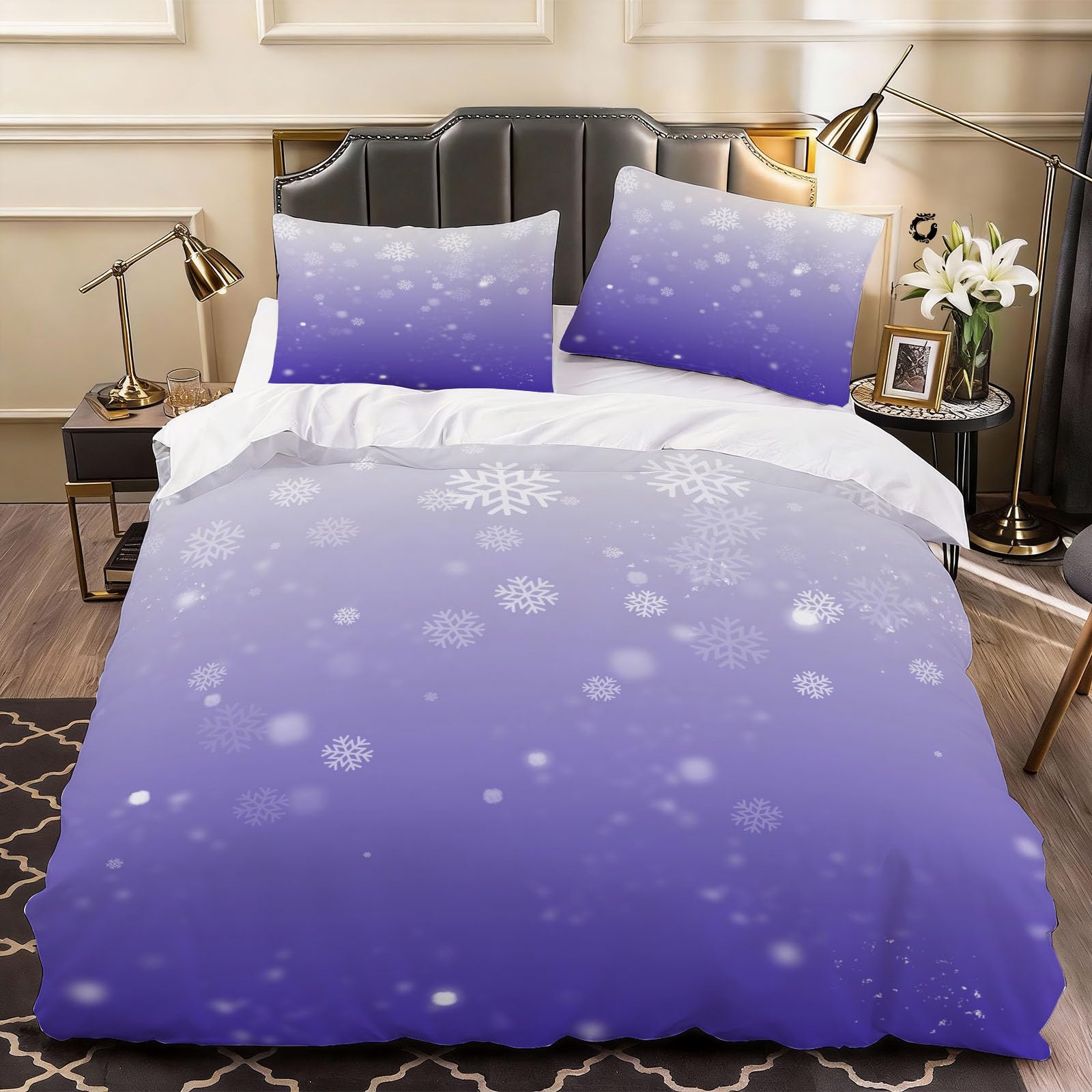 3D Snowflake Winter Duvet Cover Girls Adults Bedding Single Bed Set, Soft Microfiber Comforter Cover Printed with Zipper Closure Quilt Coverr 135x200 cm and 2 Pillowcases