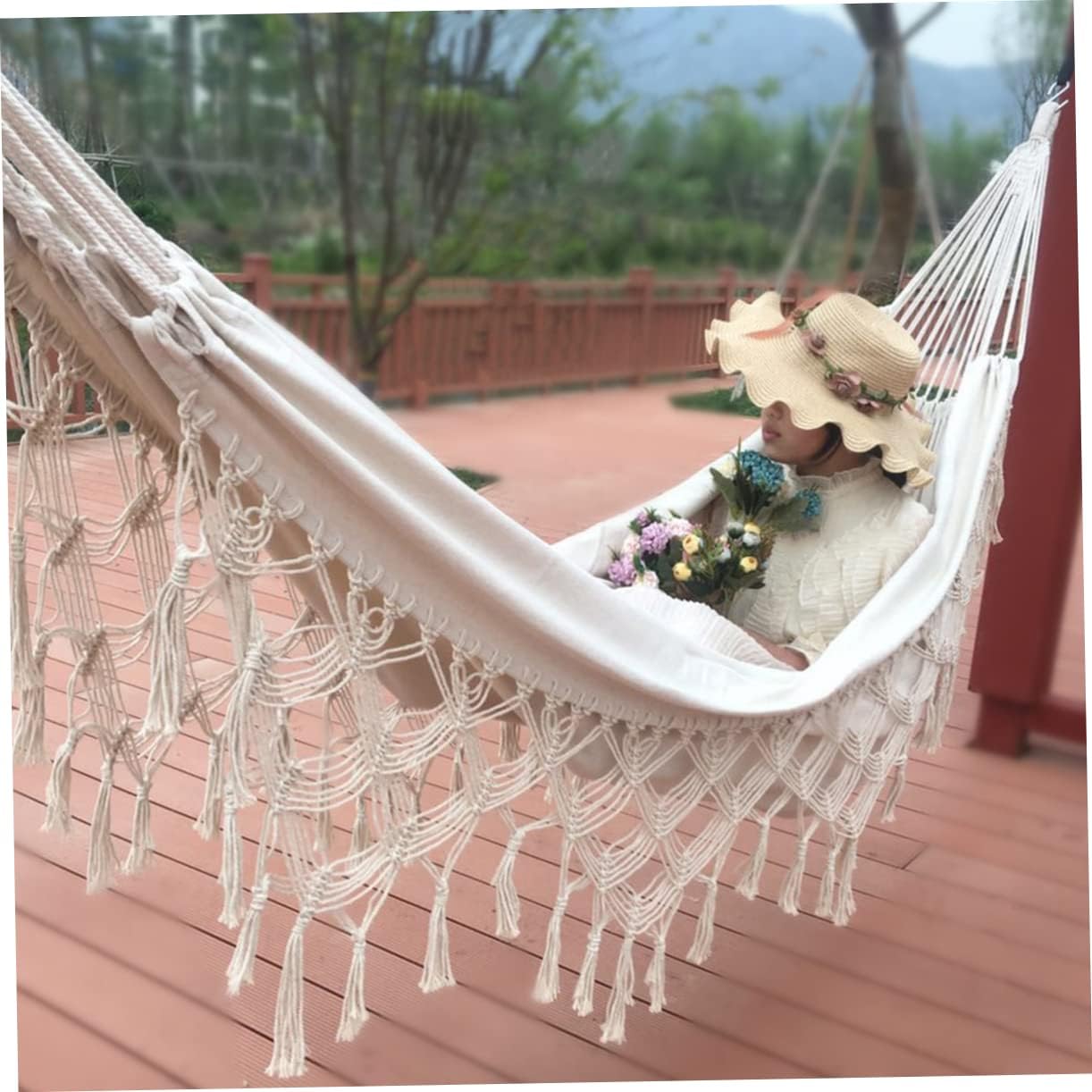 1pair Garden Tassel Hammock Swing Large Canvas Double Hammock for Camping Hiking Includes Hanging Rope Storage Bag Comfortable for Family Friends