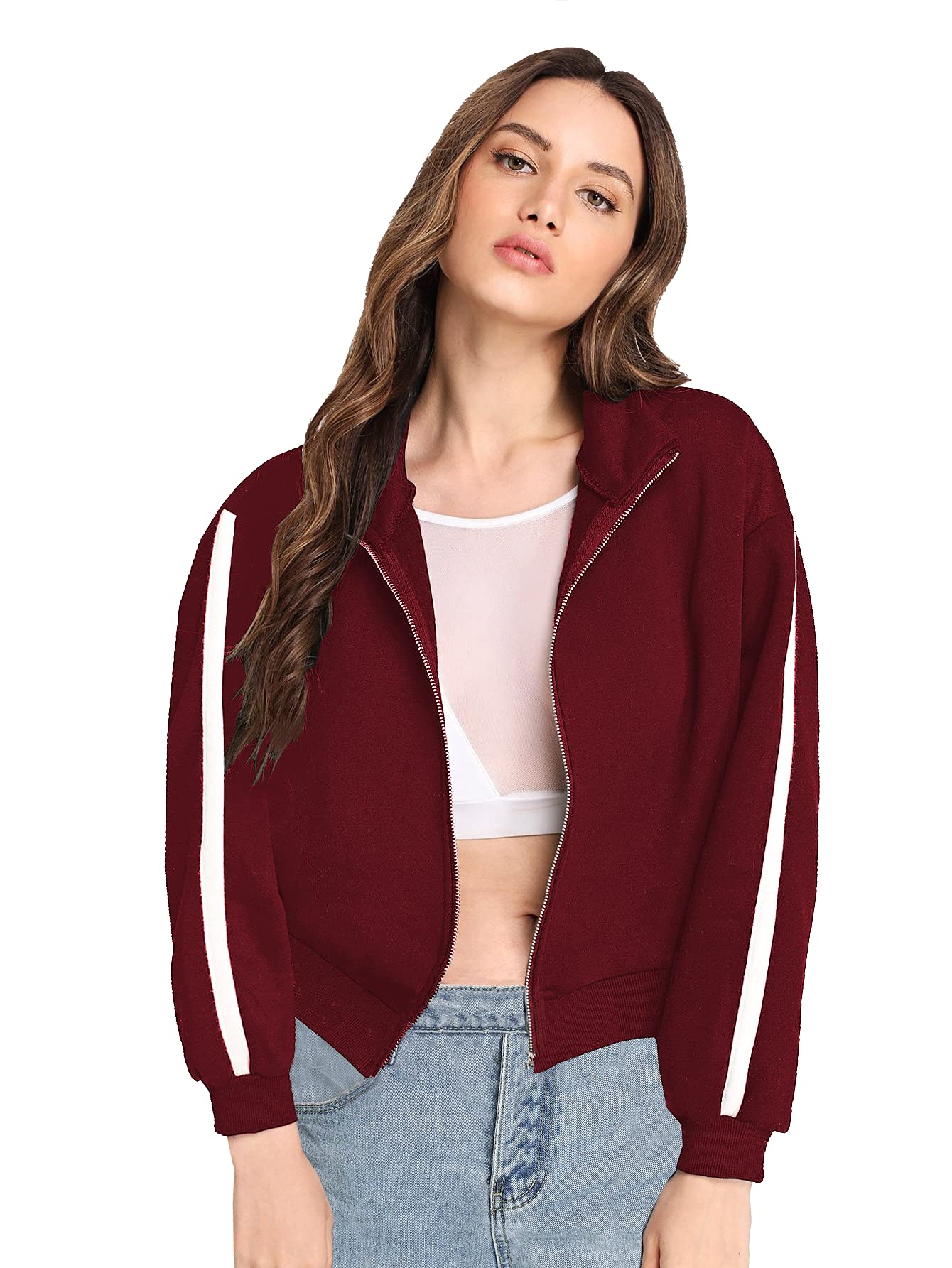 Fabricorn Women's Fleece Collared Neck Sweatshirt (SS03_Blk_Slv1WhtStripe_P_Maroon