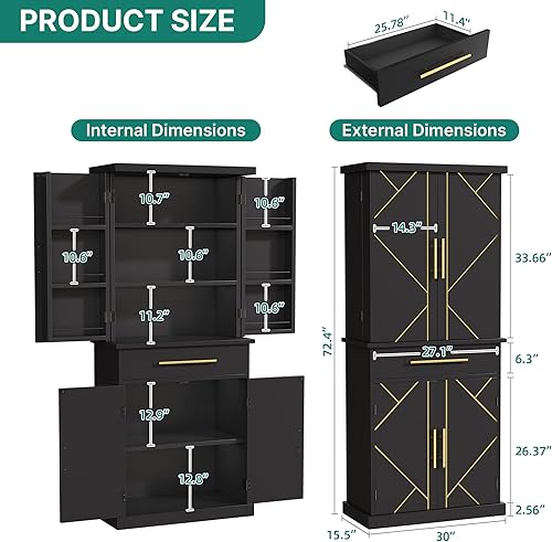 Miniatura 2 de DWVO Armario de despensa de cocina de 72 pulgadas, armario alto independiente de almacenamiento de cocina con cajón y 6 estantes laterales,