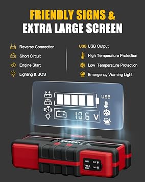 Battery Jumper Starter Portable, 6000A (12V) - Portable Booster Pack with Voltage Detection & Protection for Gas/Diesel (Up to All / 12L)