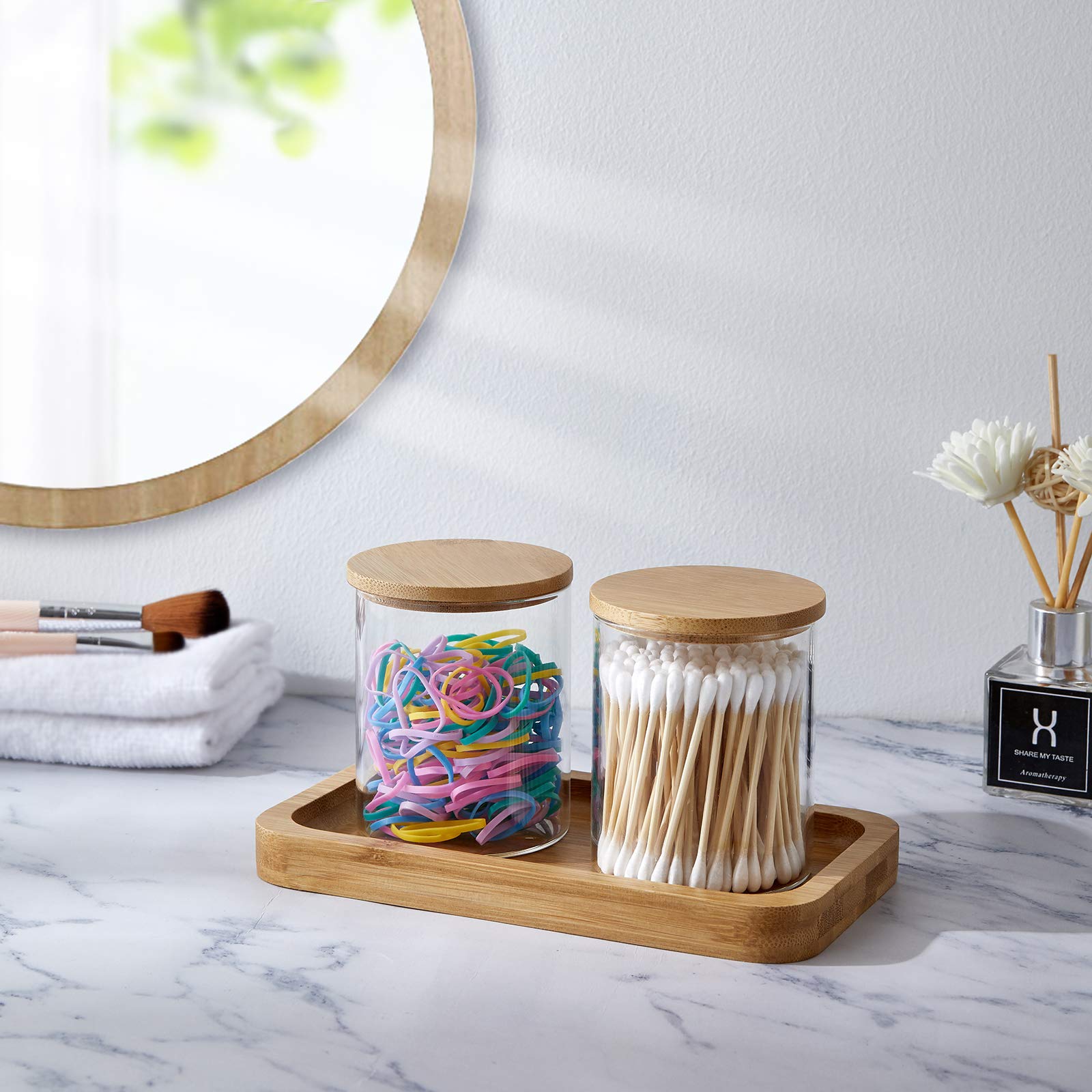 Set 4 Contenitori In Vetro Con Coperchio In Legno Per Q-tips E Cotone: Organizer Da Bagno Da 10 Oz