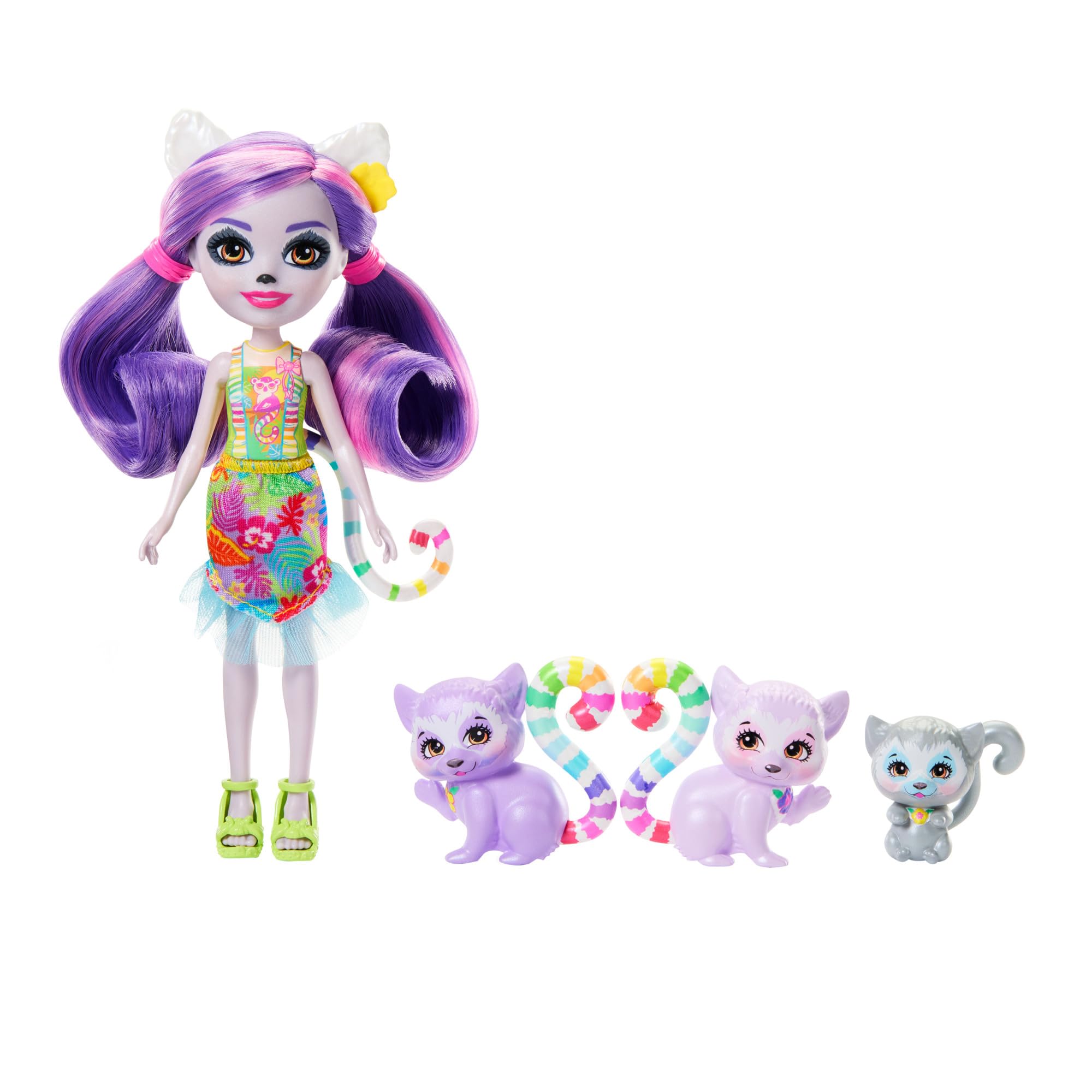 Enchantimals Sunshine Beach Muñeca Lorinda Lemur y Familia de Lemures Mascotas con Accesorios, Juguete +​4 años (Mattel HRX86)