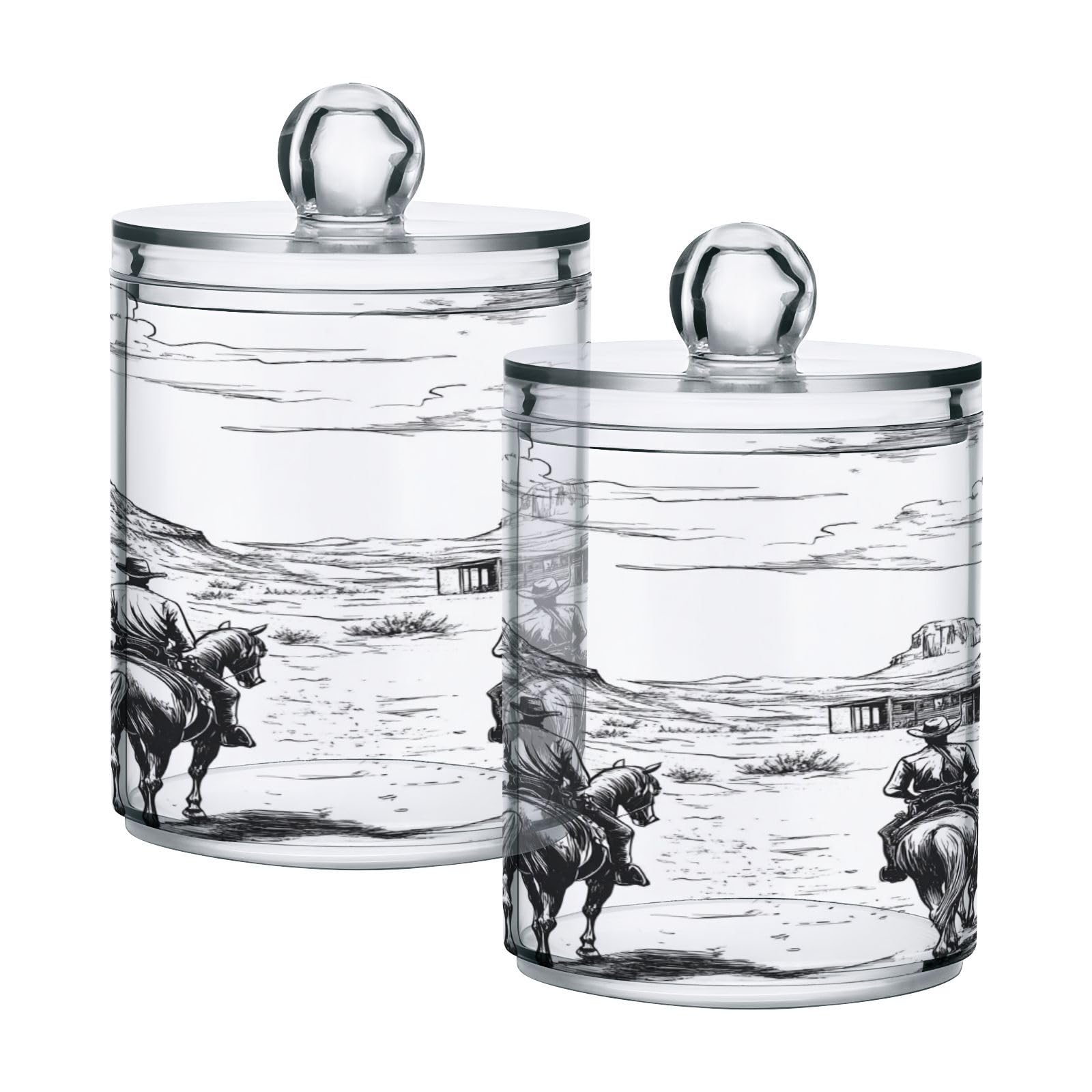 Ttgoth Western Cowboy Qtip Holder Dispenser Acrylic Bathroom Jars 2 PCS Apothecary Jar Makeup Organizer for Cotton Pad, Bud, Swab, Ball