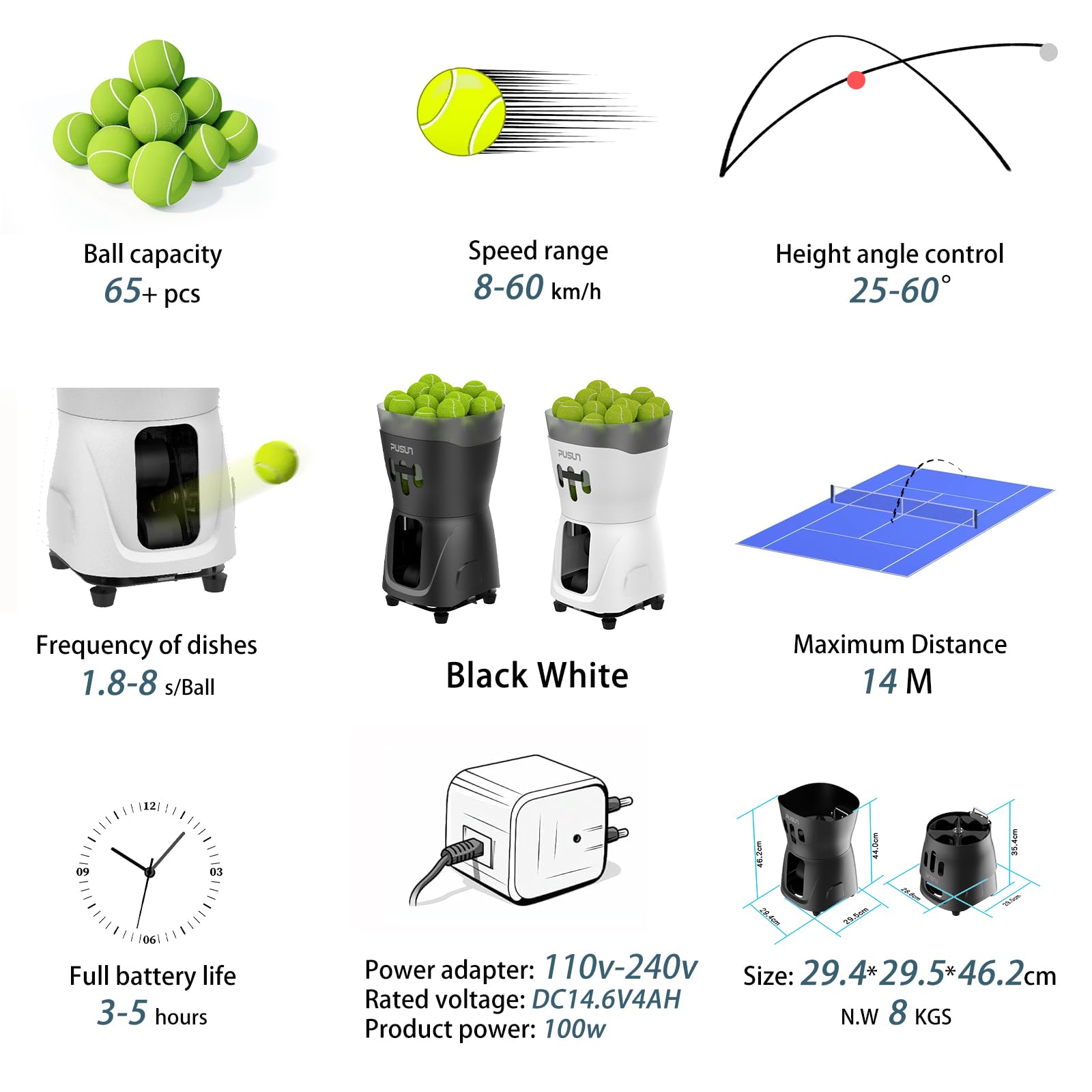 PT Mini Pro Pallina da tennis Machinec, portatile, velocità e rotazione regolabili, capacità di oltre 65 palline, telecomando, alimentazione a batteria, ideale per allenamenti da soli, principianti e