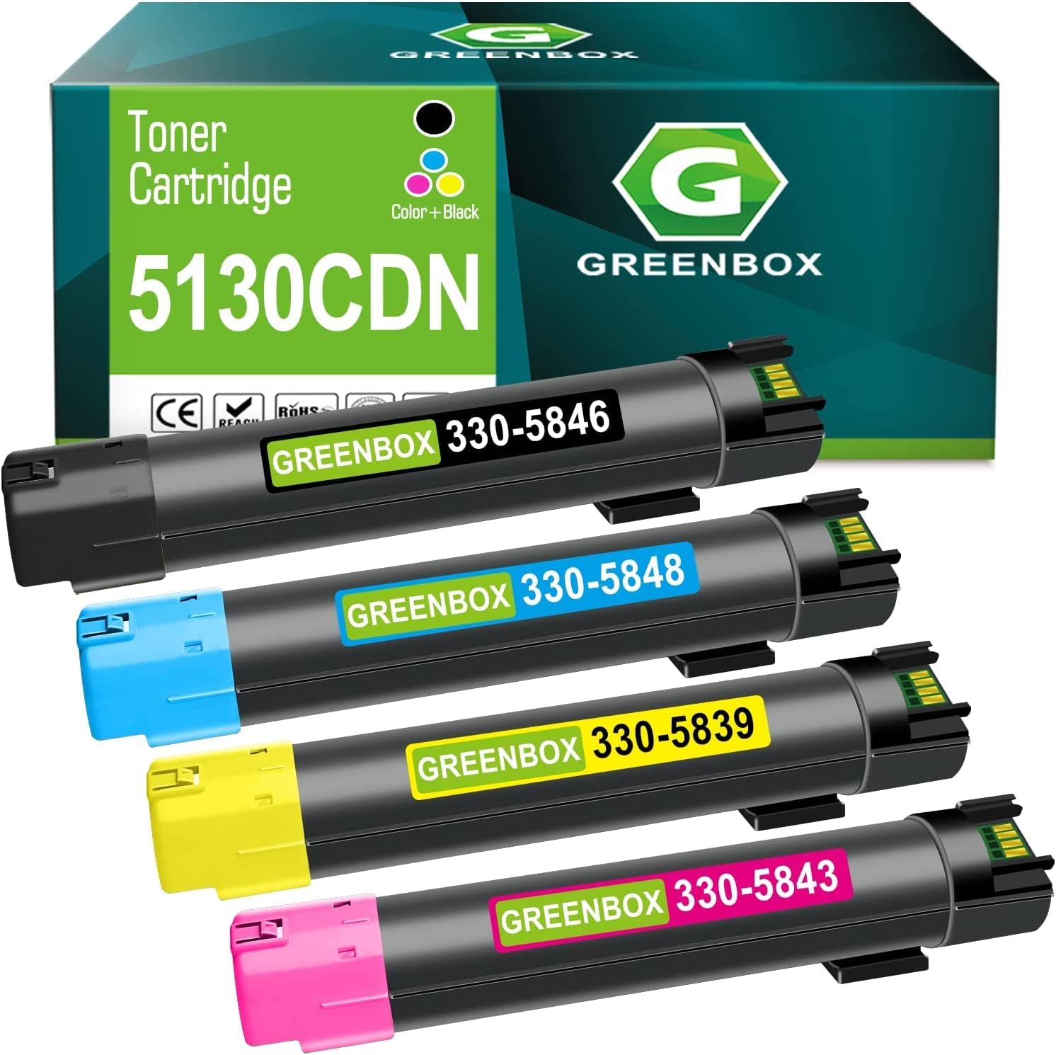 GREENBOX 5130CDN Toner Remanufactured Cartridge Replacement for Dell N848N Black X942N Cyan T222N Yellow P615N Magenta for 5130cdn Color Laser Printer for 330-5851 330-5850 330-5843 330-5852 Cartridge
