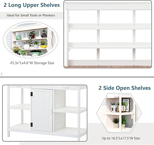 Miniatura 9 de Merax Mesa de banco grande para macetas de 64.6 pulgadas, estación de trabajo de jardín de madera con estantes de 6 niveles, mesa grande y gancho