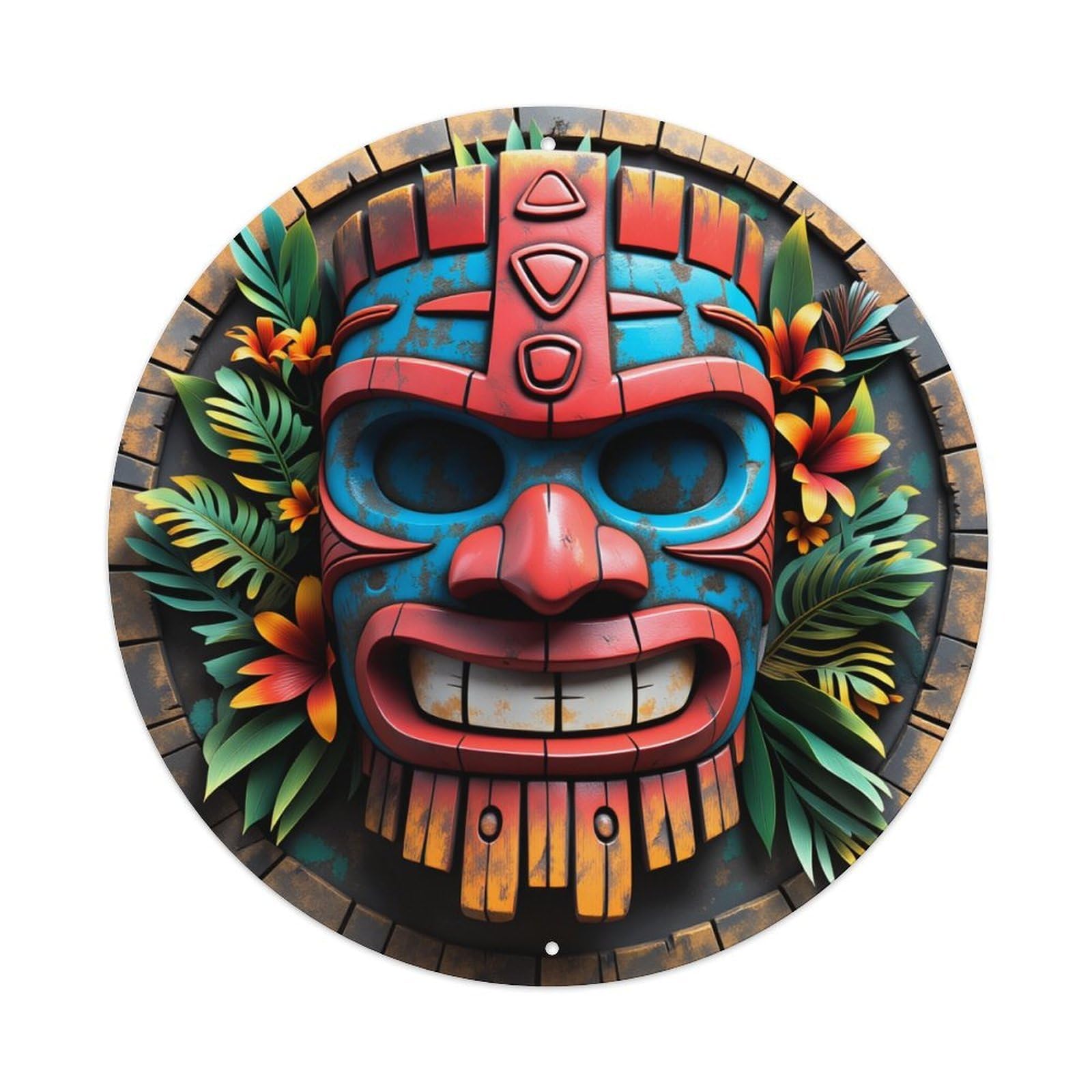 Tiki Mask With Tropical Flowers And Leaves Round Vintage Tin Sign,Retro Wall Art,Metal Poster for Home, Bar, Garage, Cafe, Rustic Indoor & Outdoor Decor, 8x8 Inches