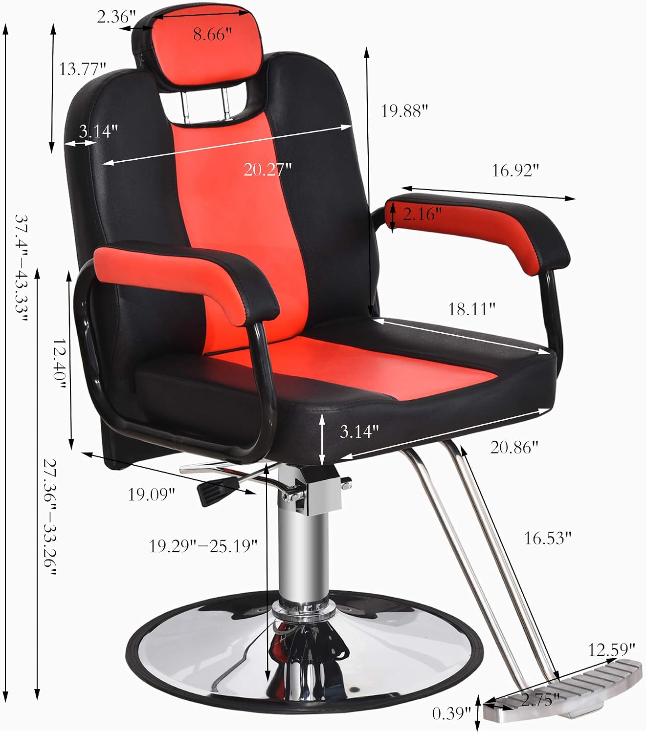 BarberPub Reclining Hydraulic Barber Chair Salon Styling Beauty Spa Shampoo 8241RB, Red&Black