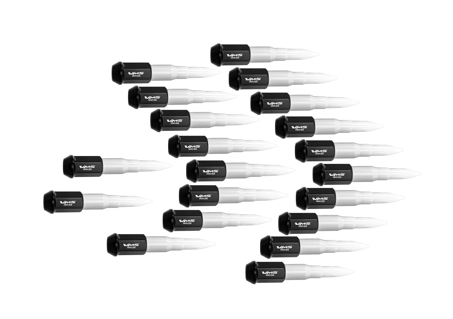 VMS RACING 14x1.5 20PC 112mm Cold Forged Steel Lug Nuts with White Extended Bullets Tips in Aluminum Compatible with Dodge Charger 06-25 2006-2025 5 Lug Wheel Pattern