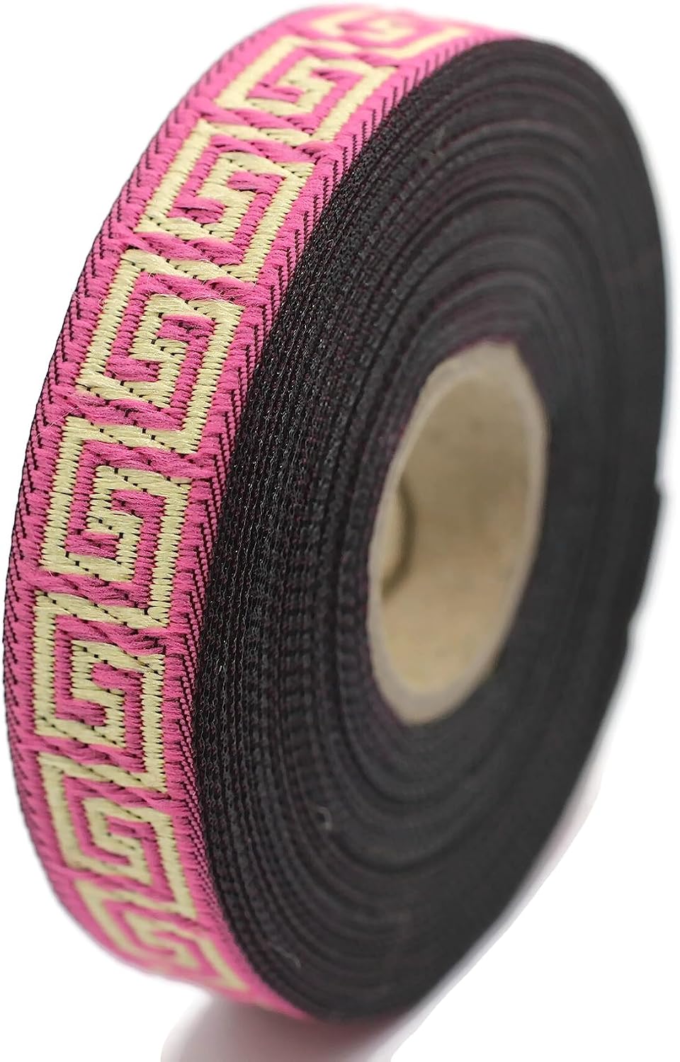 11 Yard Spool 0.62" Wide Pink & Gold Greek Key Jacquard Trim Embroidered Ribbon Woven Border Banding Trims 16062