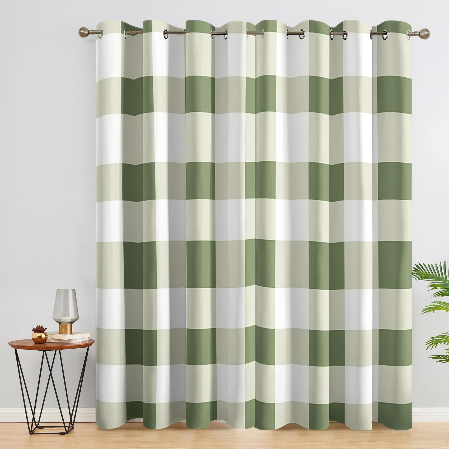 Sage Green Curtains for Living Room, Bedroom, Farmhouse Checkered Blackout Curtains 46 x 90, patterned Drapes 90 inch Drop, Thermal Insulated Eyelet Window Treatments, 2 Panels
