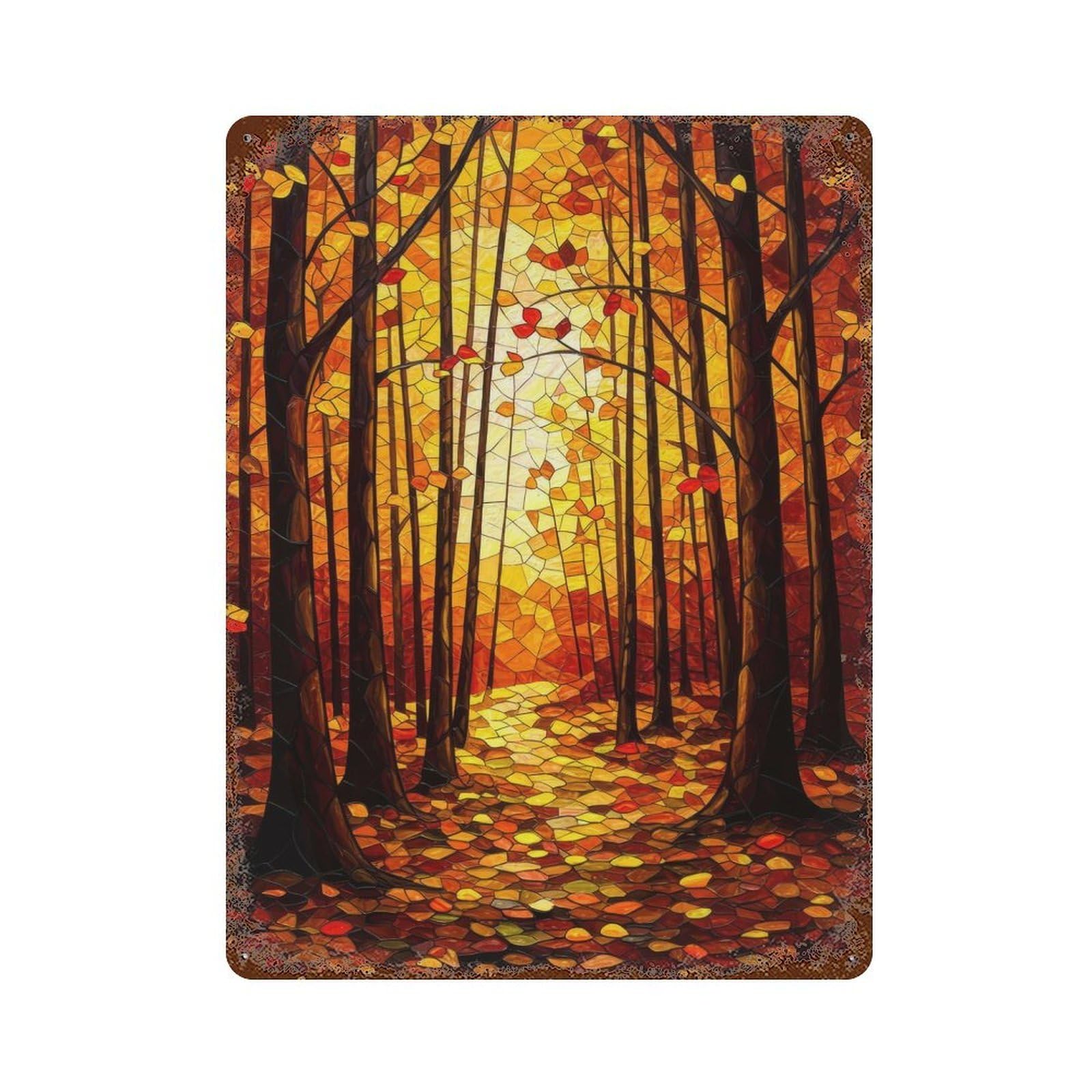 Autumn Forest Mosaic Decorative Tin Sign 15.7"x11.8", Retro Wall Decor for Basement, Hobby Room And Garage Decor